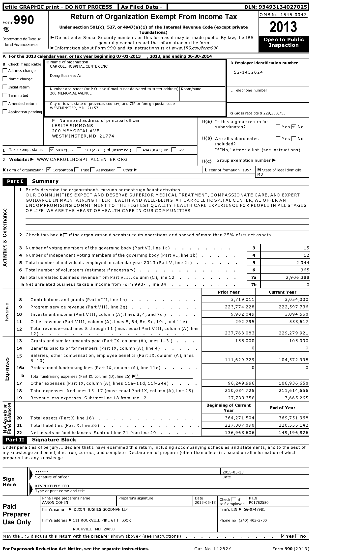 Image of first page of 2013 Form 990 for Carroll Hospital