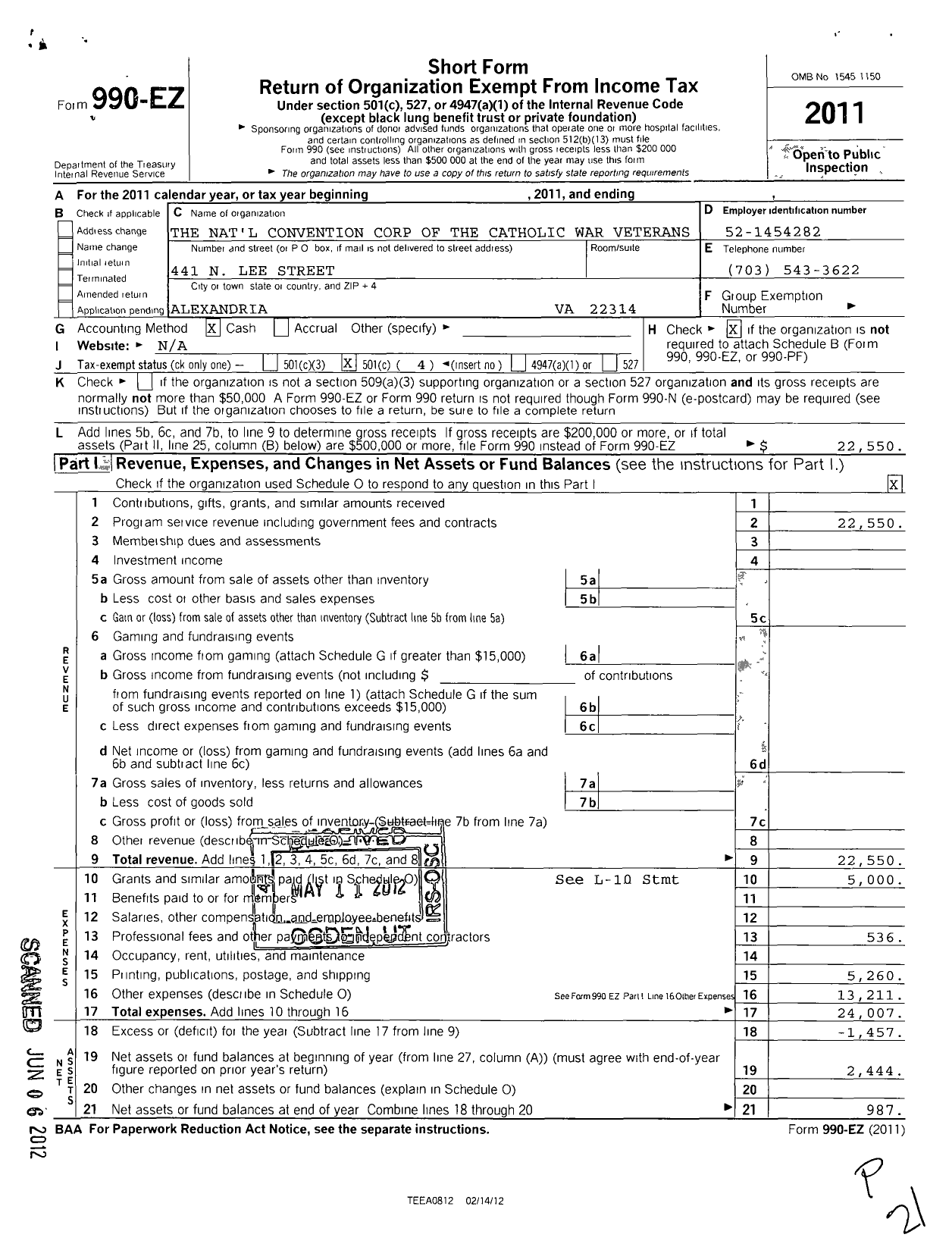 Image of first page of 2011 Form 990EO for Catholic War Veterans National Conv ention Corp