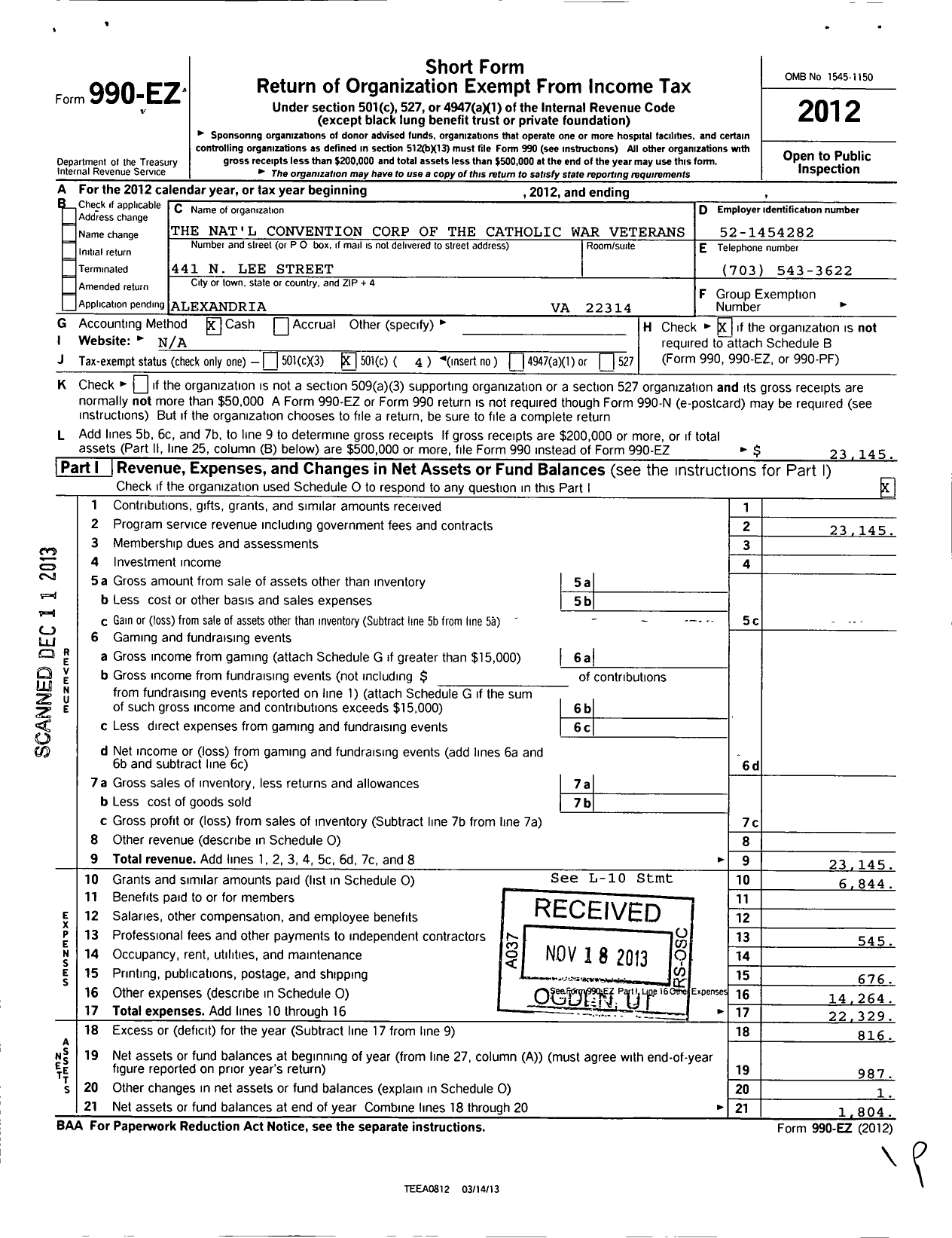 Image of first page of 2012 Form 990EO for Catholic War Veterans National Conv ention Corp