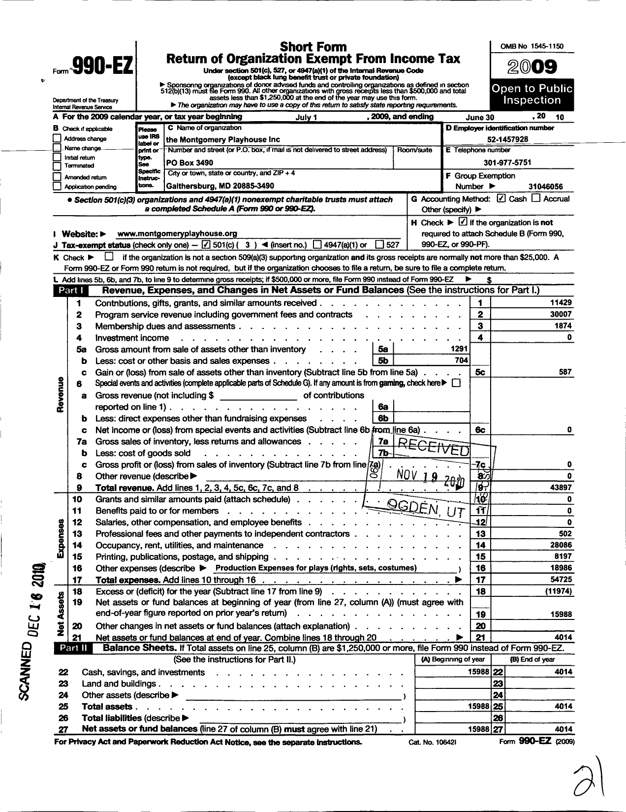 Image of first page of 2009 Form 990EZ for The Montgomery Playhouse