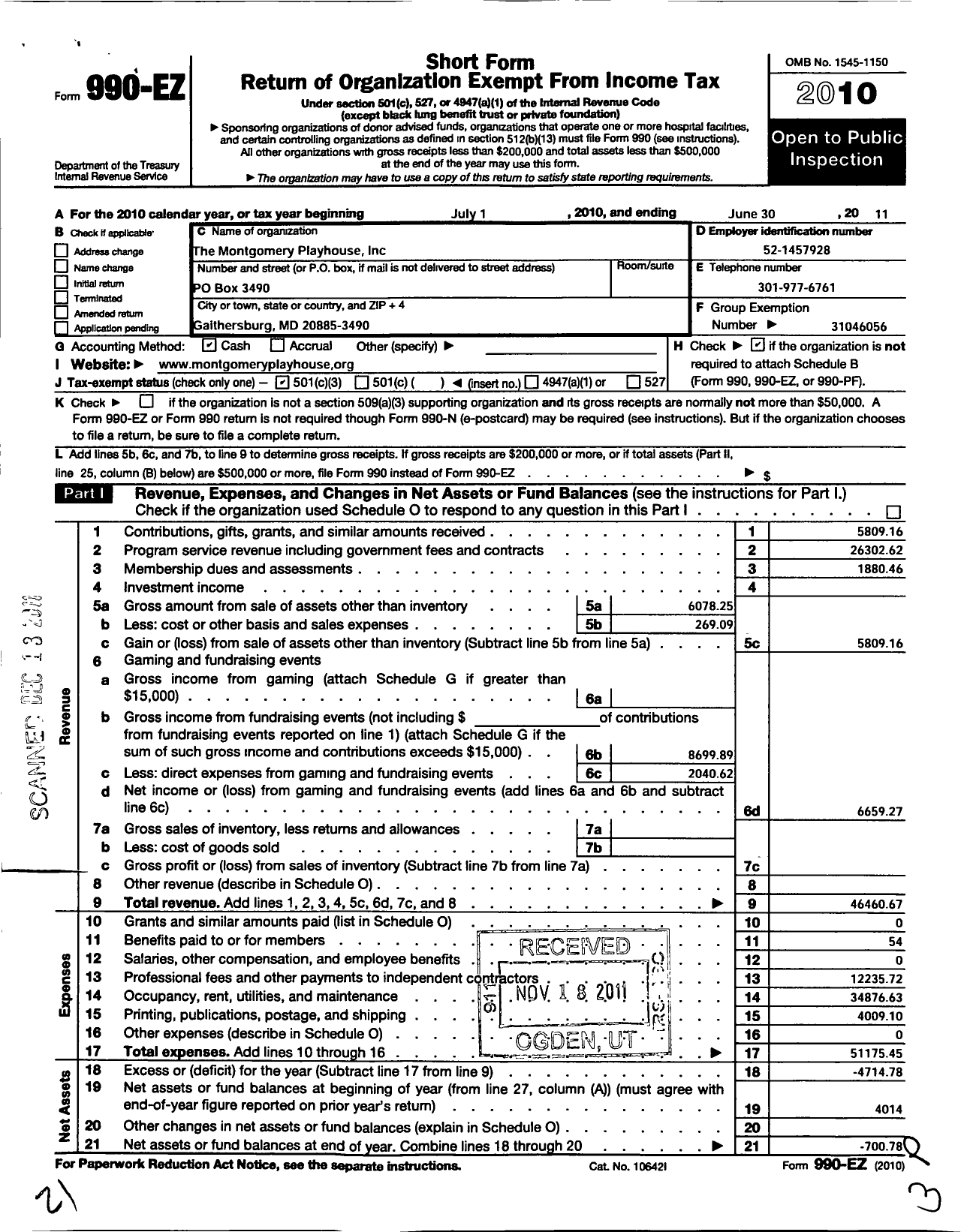 Image of first page of 2010 Form 990EZ for The Montgomery Playhouse