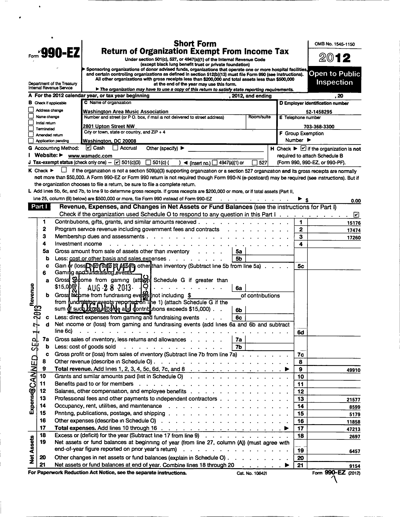 Image of first page of 2012 Form 990EZ for Washington Area Music Association