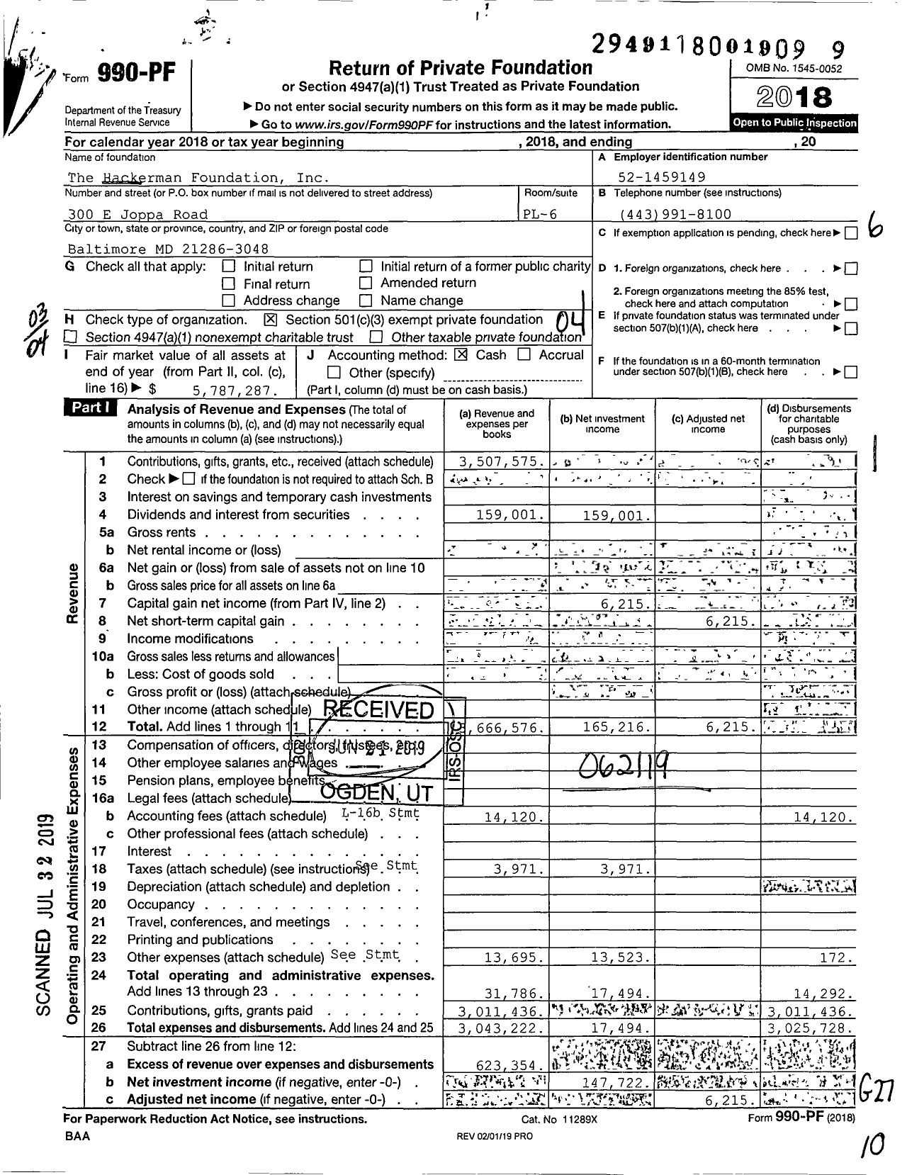 Image of first page of 2018 Form 990PF for The Hackerman Foundation