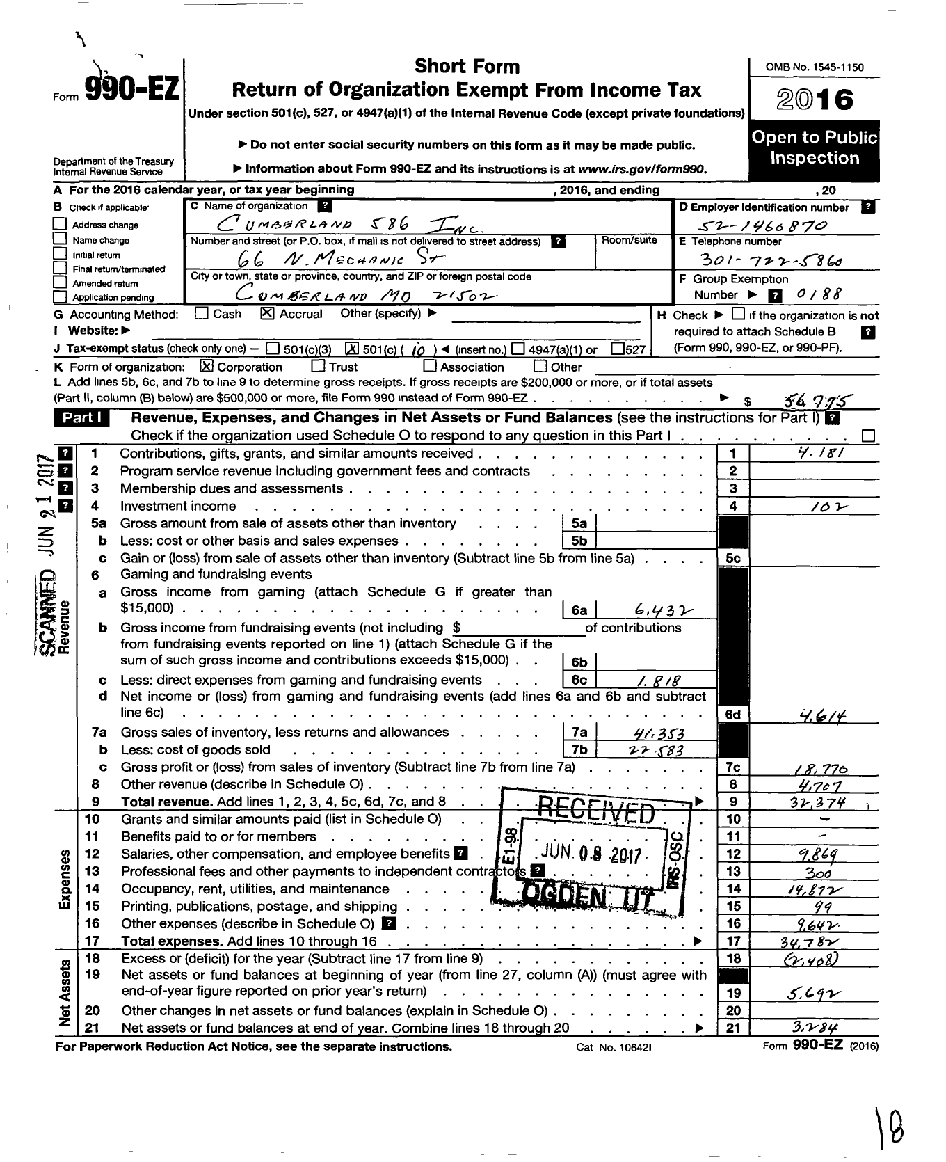 Image of first page of 2016 Form 990EO for Knights of Columbus Cumberland MD