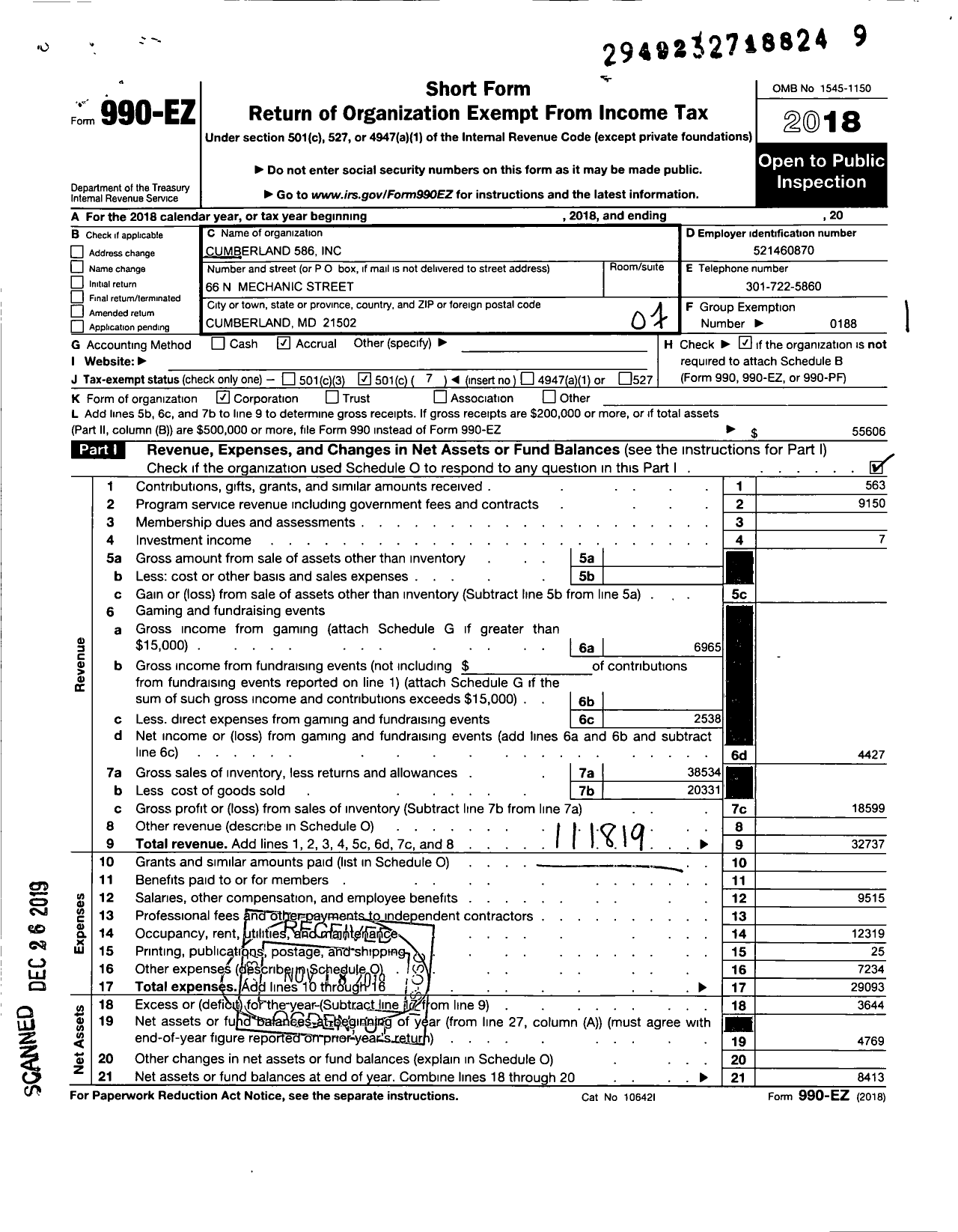 Image of first page of 2018 Form 990EO for Knights of Columbus Cumberland MD