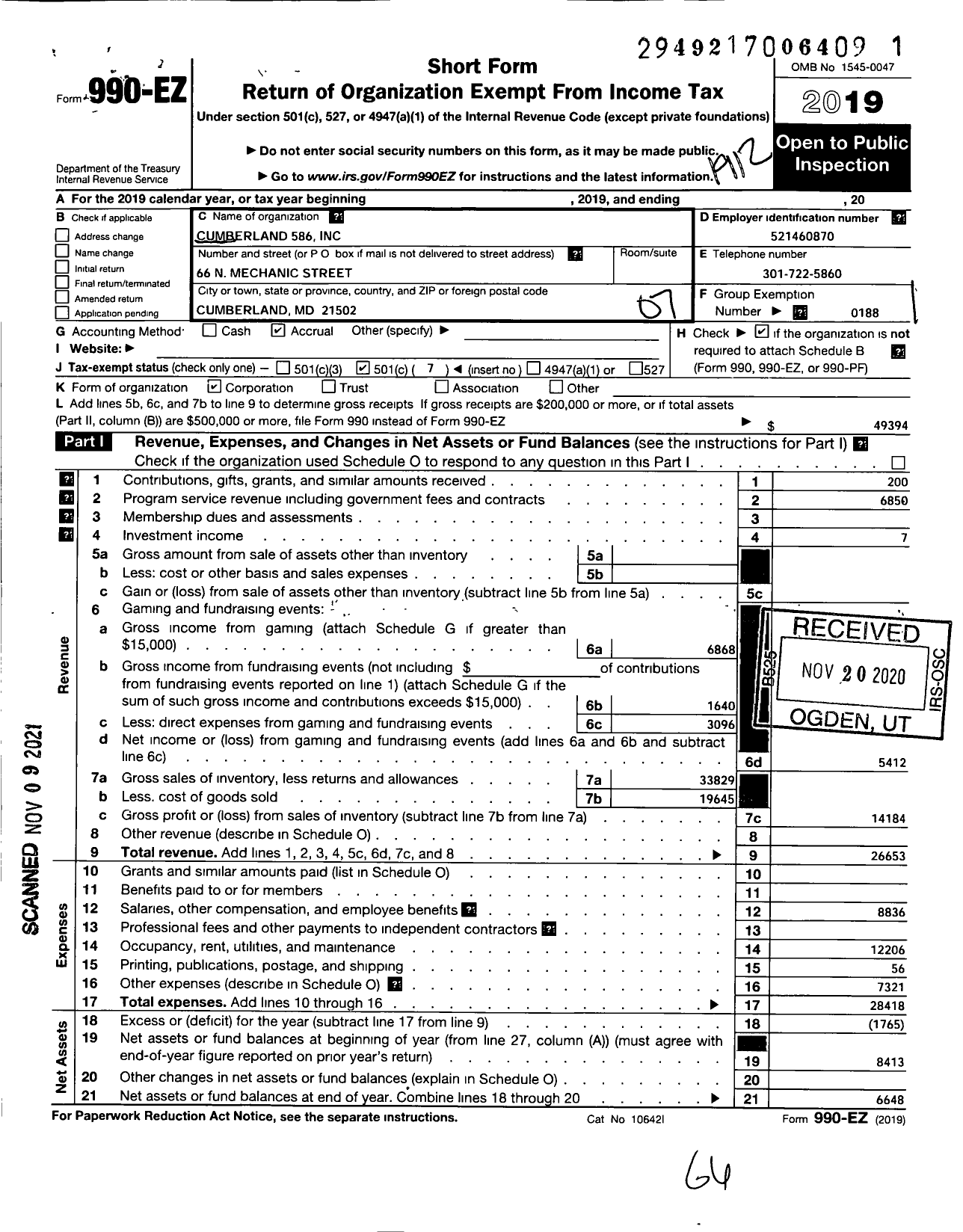 Image of first page of 2019 Form 990EO for Knights of Columbus Cumberland MD