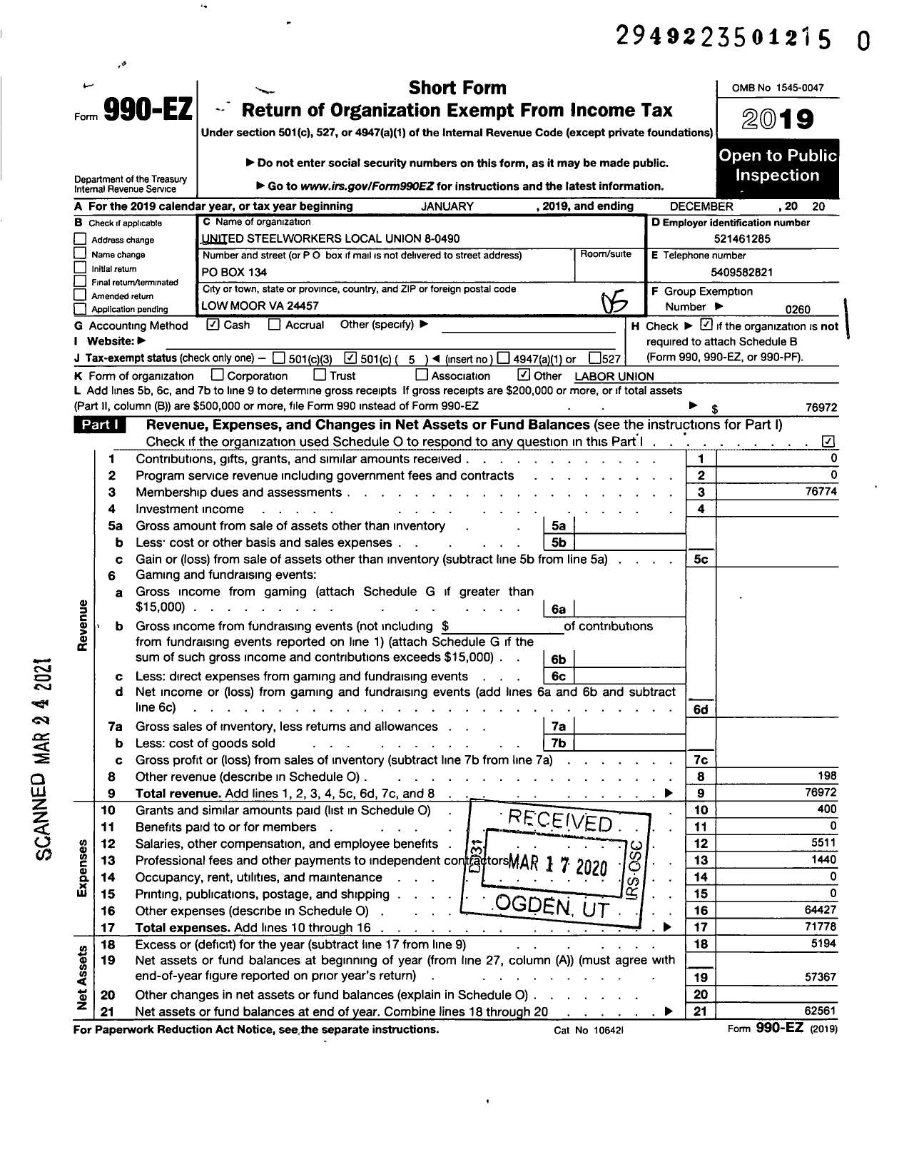 Image of first page of 2020 Form 990EO for United Steelworkers - 8-00490 Local