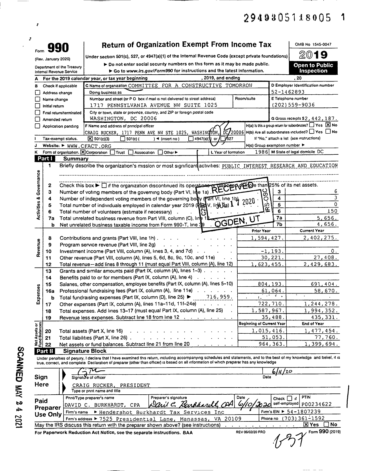 Image of first page of 2019 Form 990 for Committee for A Constructive Tomorrow (CFACT)