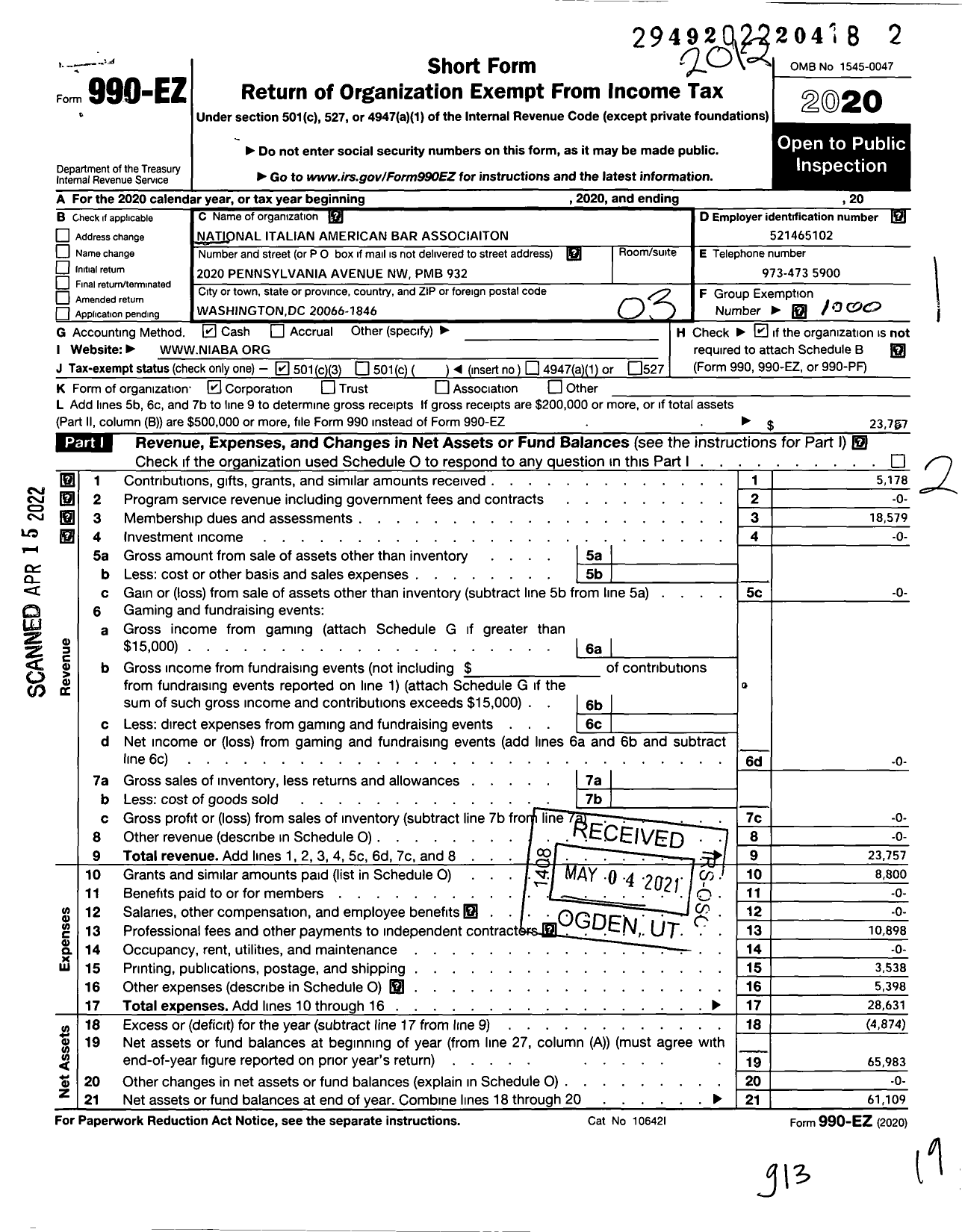 Image of first page of 2020 Form 990EZ for National Italian American Bar Association