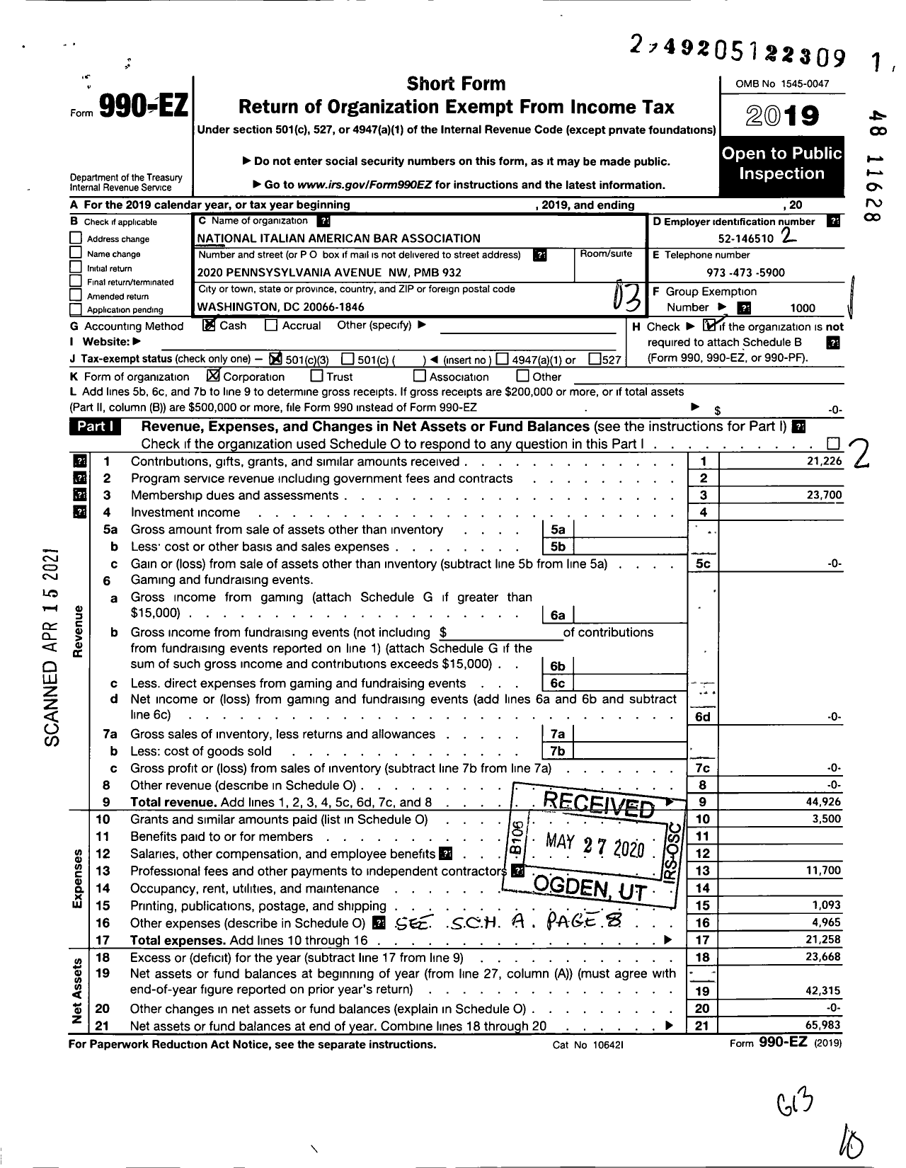 Image of first page of 2019 Form 990EZ for National Italian American Bar Association