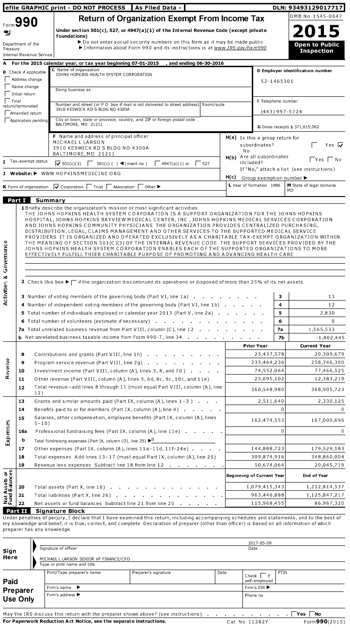 Image of first page of 2015 Form 990 for Johns Hopkins Health System Corporation (JHHS)