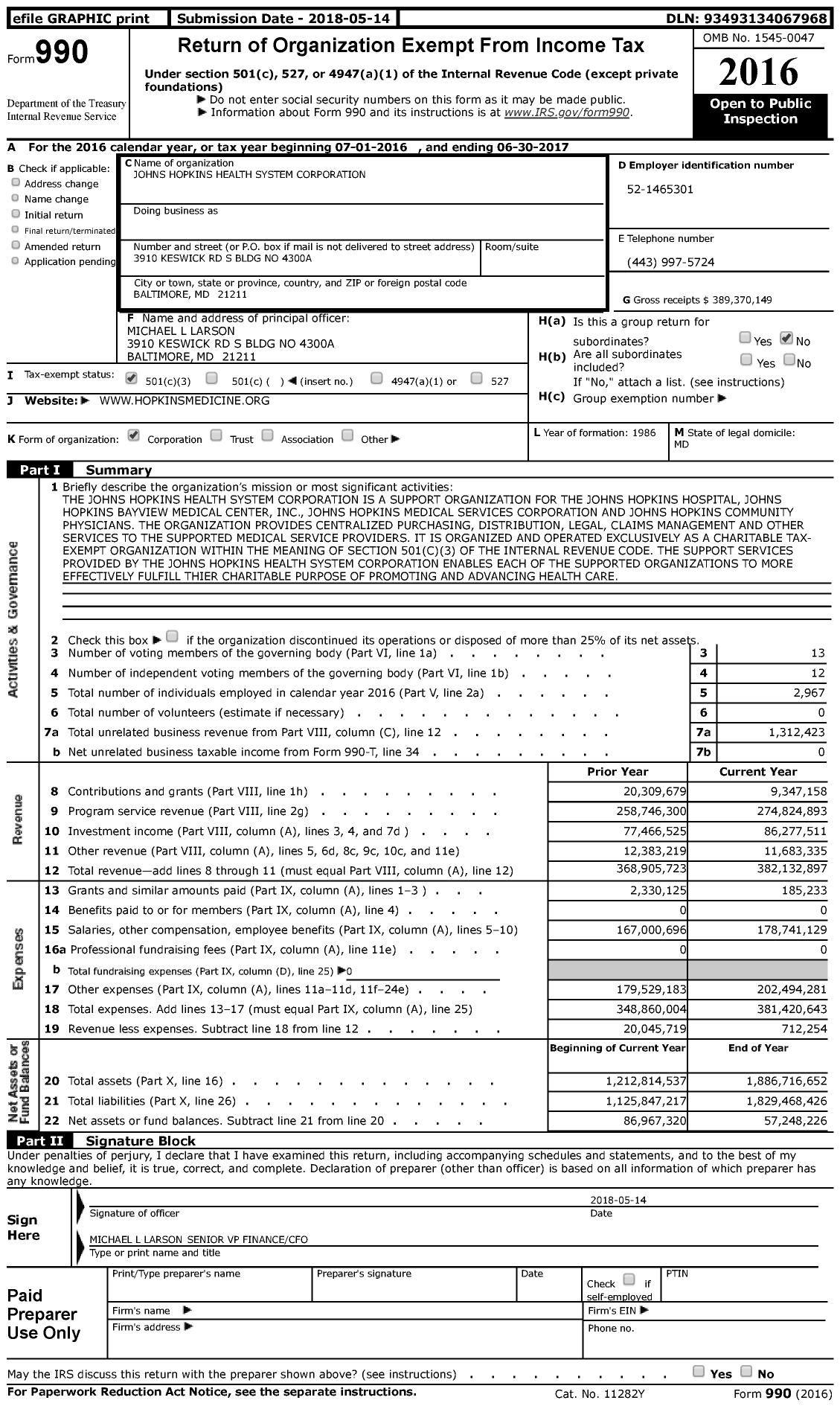 Image of first page of 2016 Form 990 for Johns Hopkins Health System Corporation (JHHS)