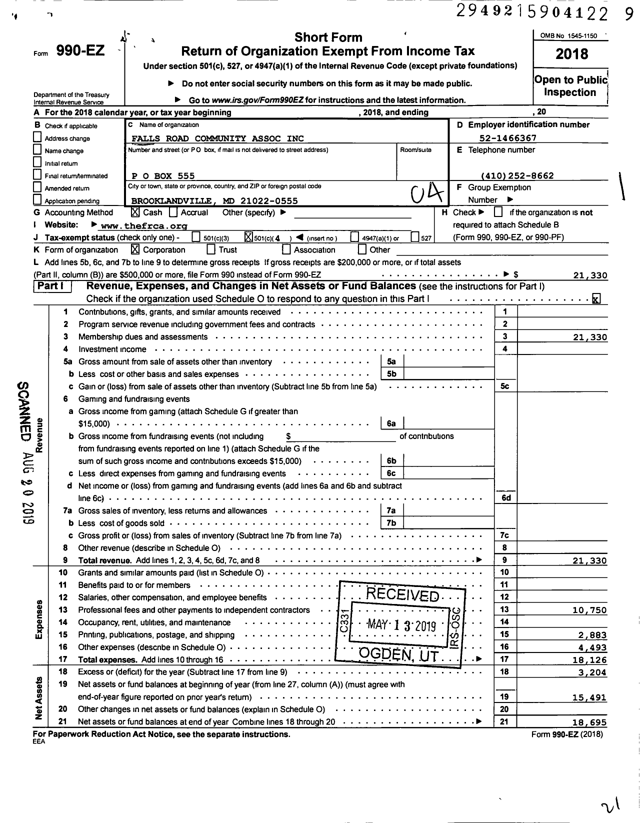 Image of first page of 2018 Form 990EO for Falls Road Community Association