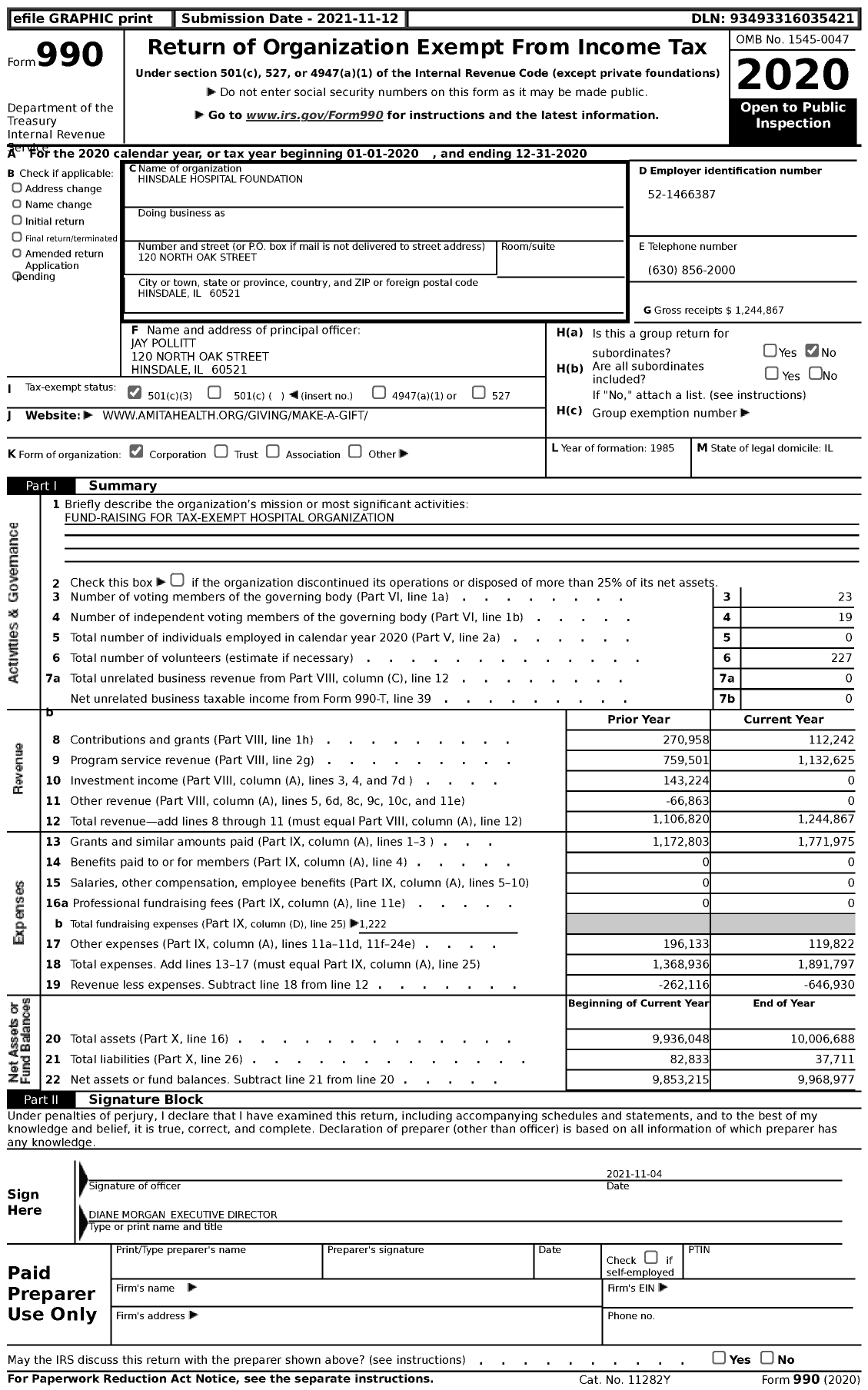 Image of first page of 2020 Form 990 for Hinsdale Hospital Foundation