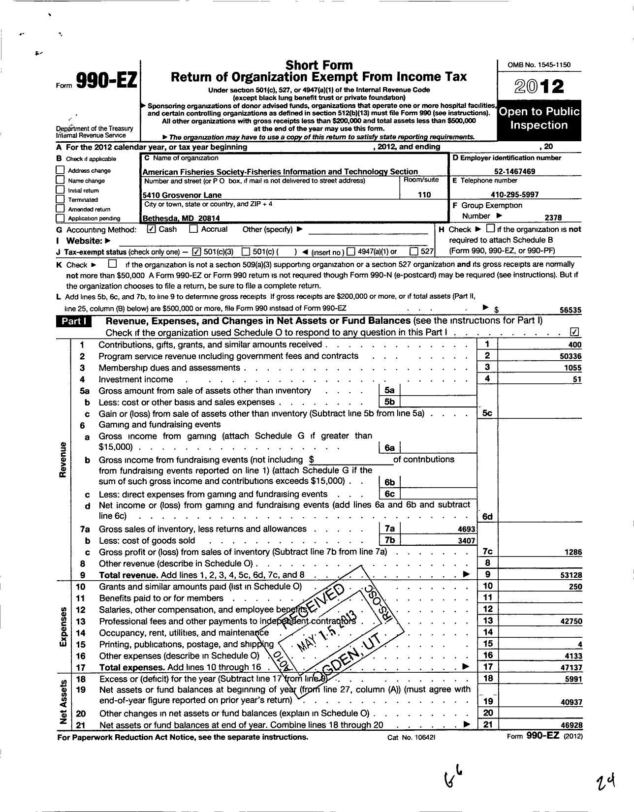 Image of first page of 2012 Form 990EZ for American Fisheries Society / Fisheries Information & Technology