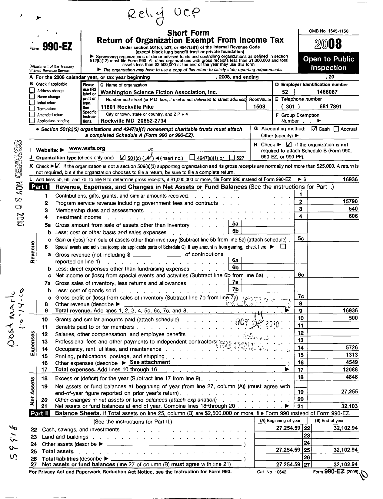 Image of first page of 2008 Form 990EO for Washington Science Fiction Association