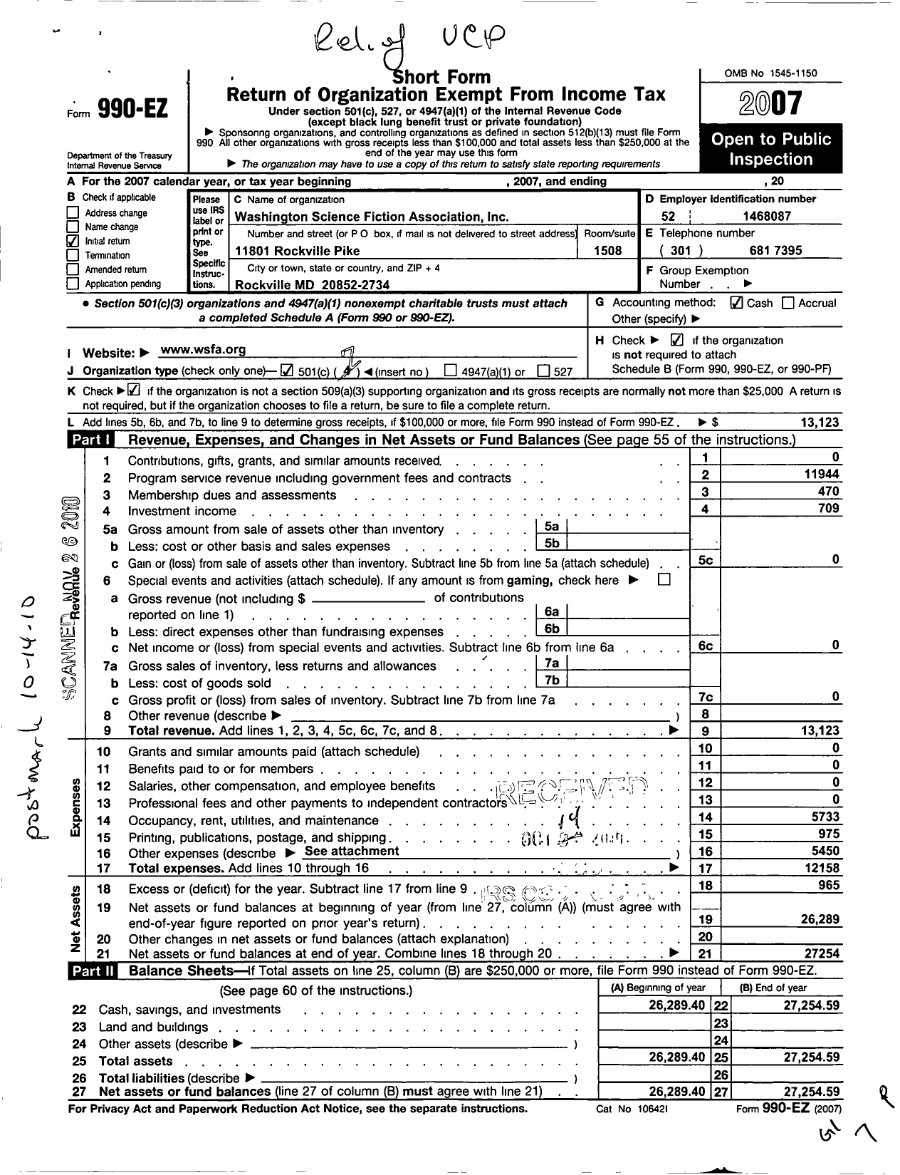 Image of first page of 2007 Form 990EO for Washington Science Fiction Association