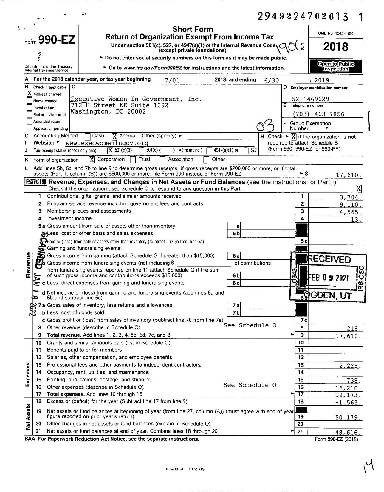 Image of first page of 2018 Form 990EZ for Executive Women In Government