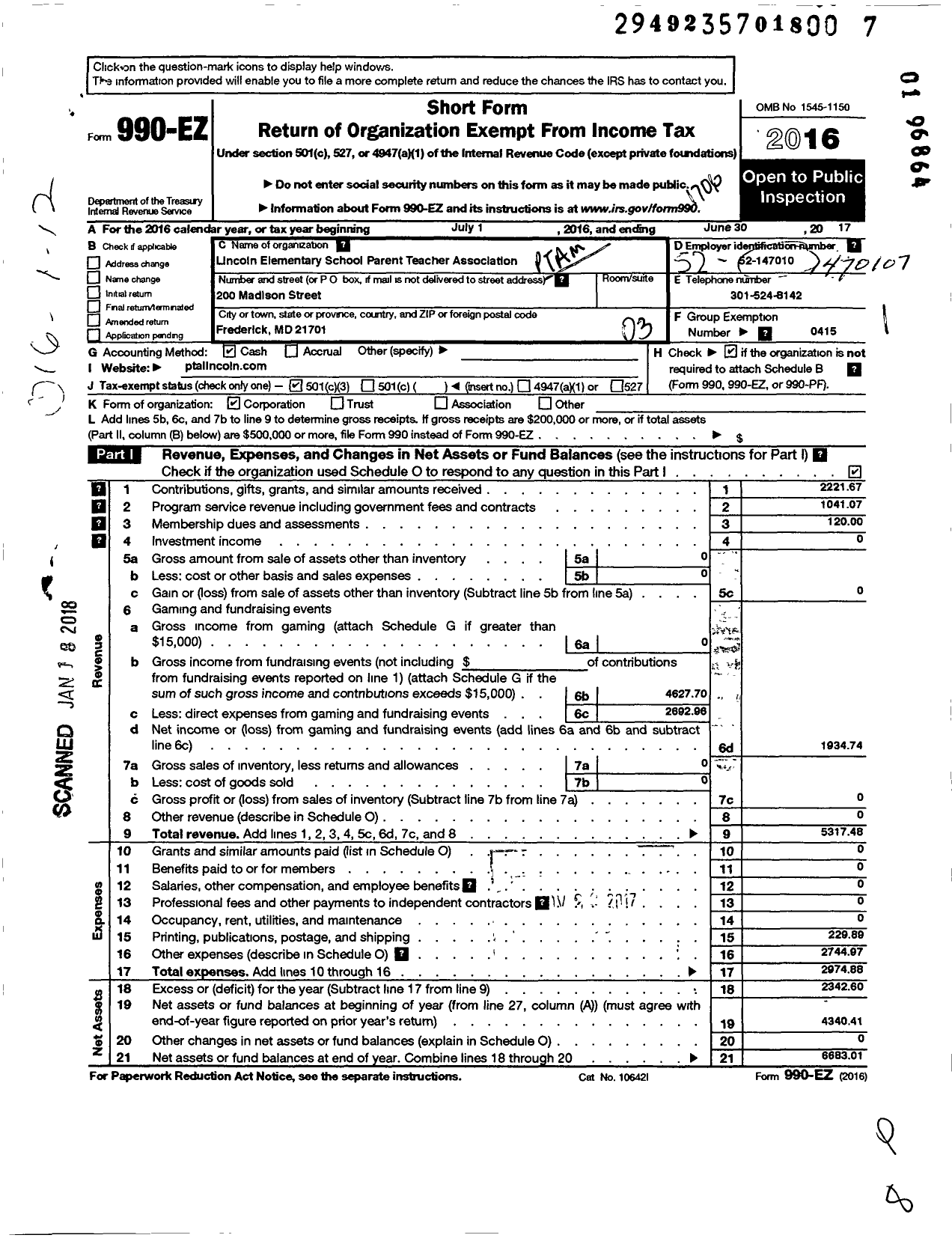 Image of first page of 2016 Form 990EZ for PTA Maryland Congress of Parent and Teachers / Lincoln Elementary