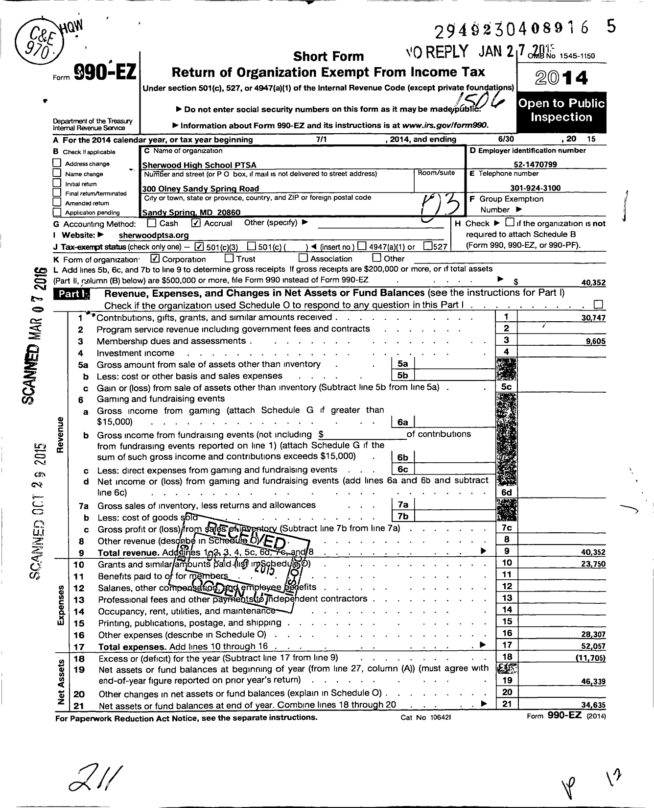 Image of first page of 2014 Form 990EZ for PTA Delaware Congress / Sherwood High School