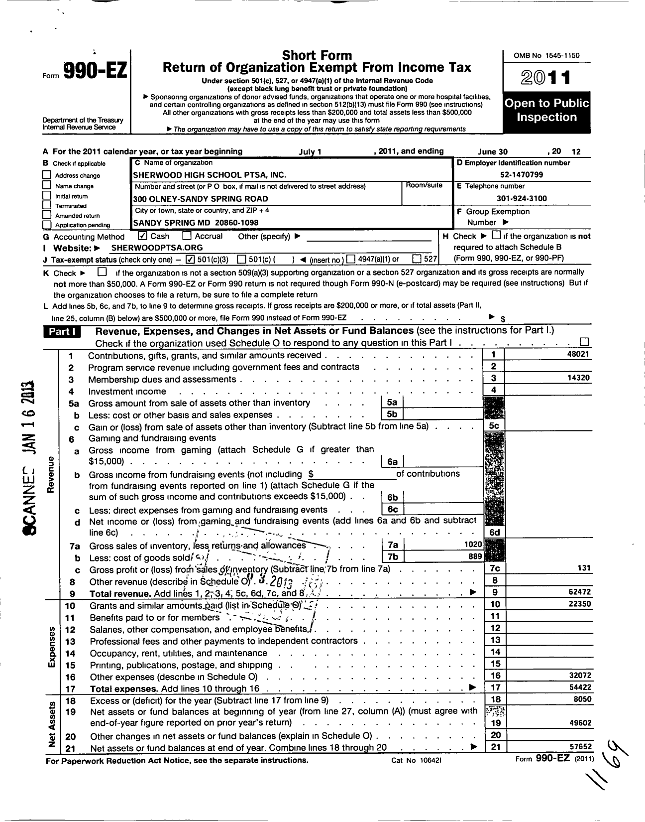 Image of first page of 2011 Form 990EZ for PTA Delaware Congress / Sherwood High School