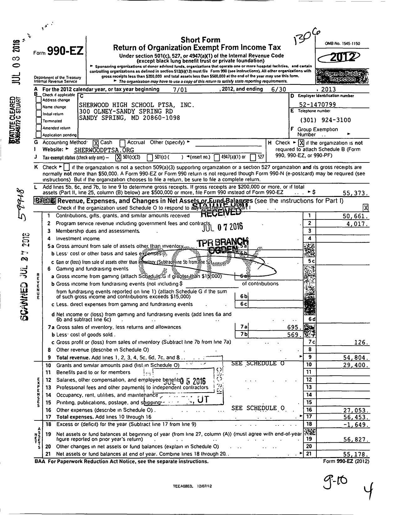 Image of first page of 2012 Form 990EZ for PTA Delaware Congress / Sherwood High School