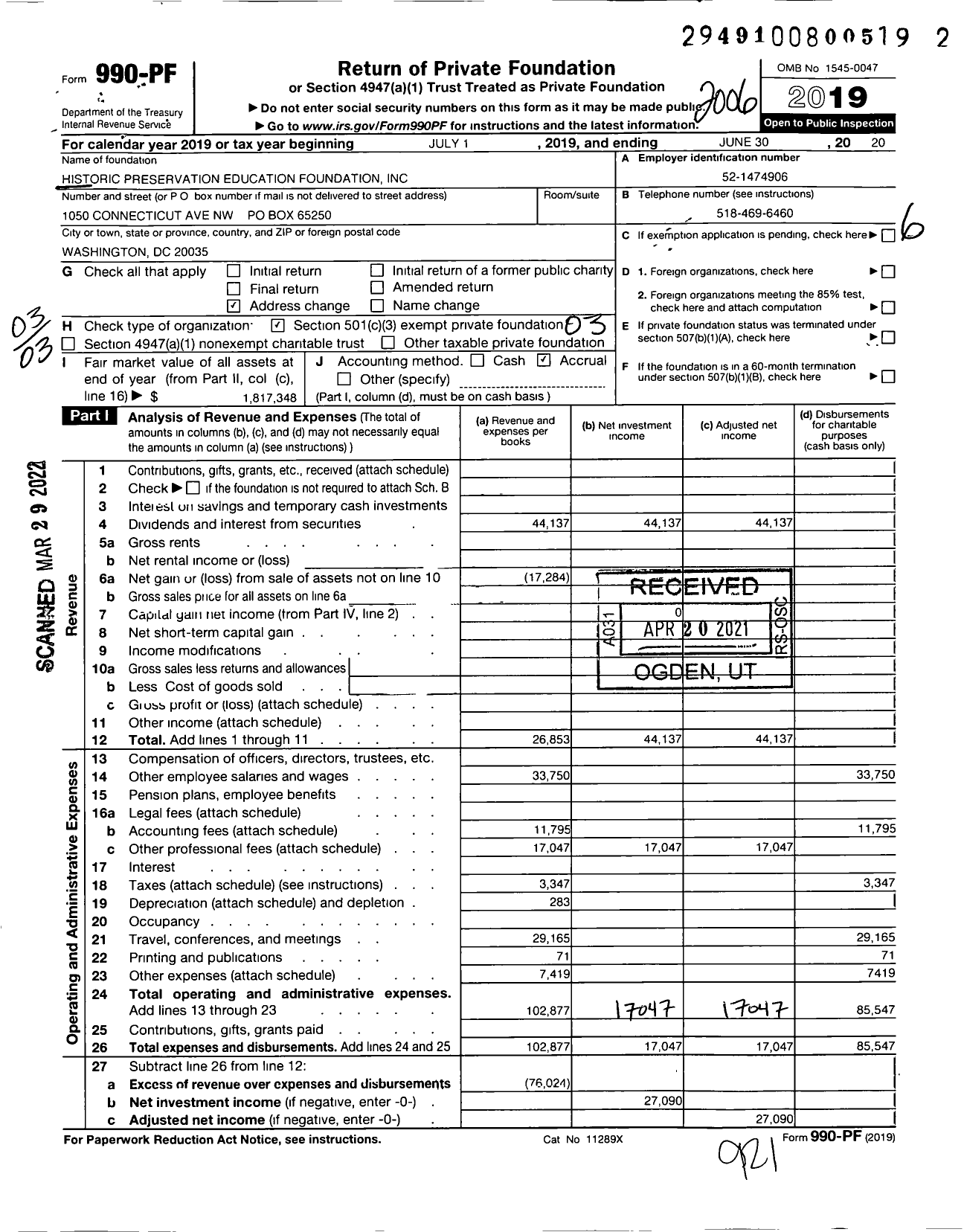 Image of first page of 2019 Form 990PF for Historic Preservation Education Foundation