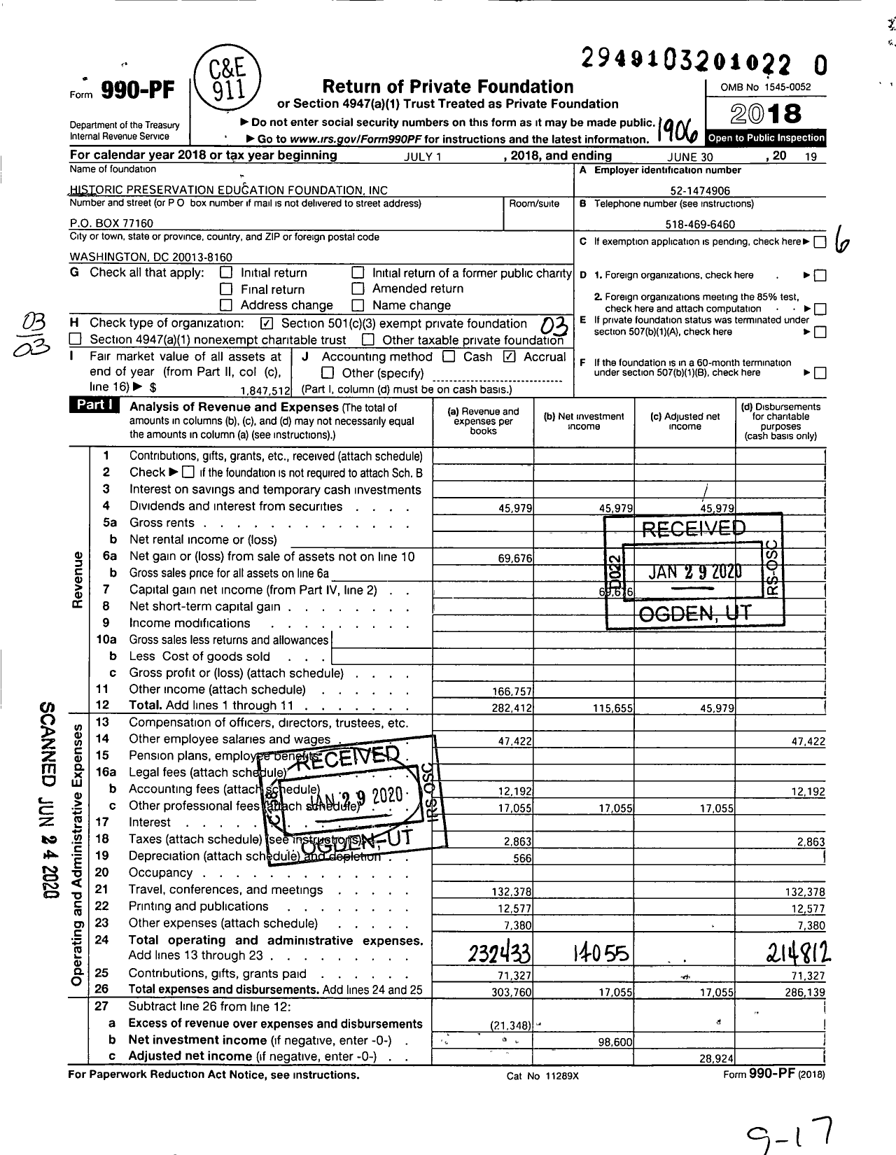 Image of first page of 2018 Form 990PR for Historic Preservation Education Foundation