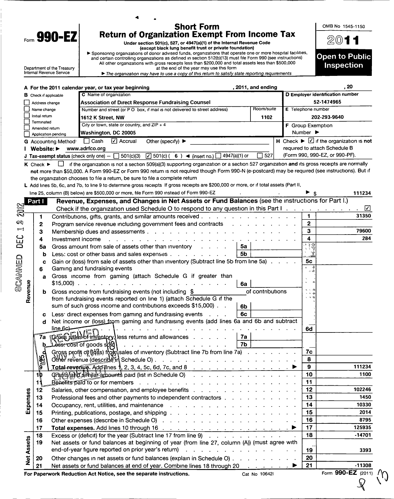 Image of first page of 2011 Form 990EO for Assn of Direct Response Fundraising Counsel