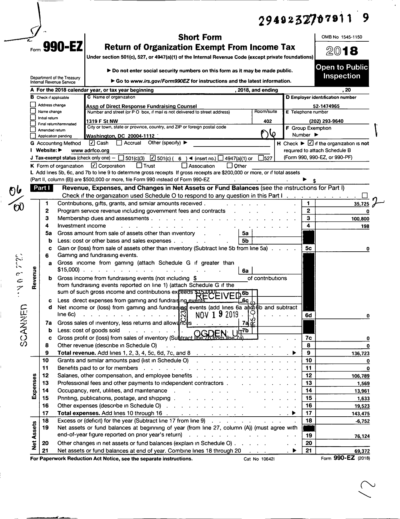 Image of first page of 2018 Form 990EO for Assn of Direct Response Fundraising Counsel