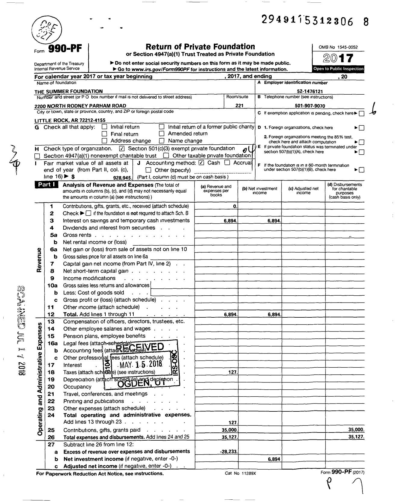 Image of first page of 2017 Form 990PF for The Summer Foundation