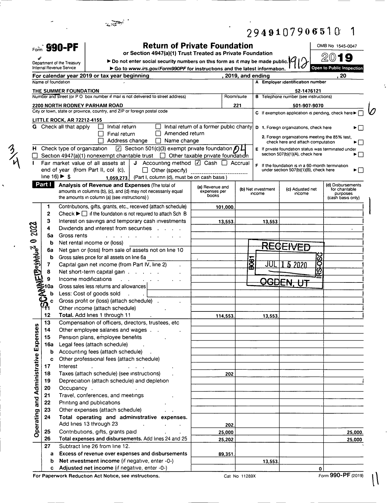 Image of first page of 2019 Form 990PF for The Summer Foundation