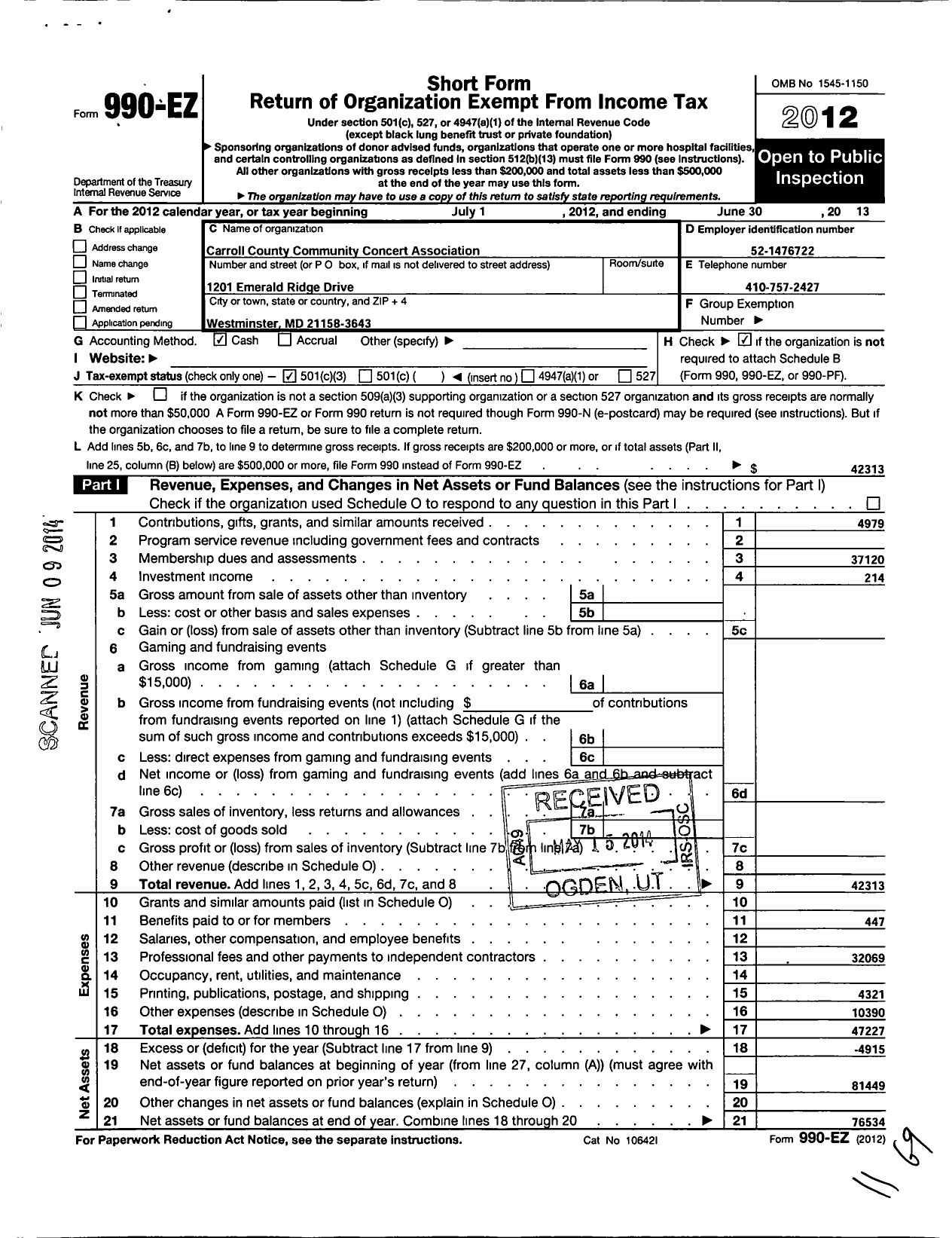 Image of first page of 2012 Form 990EZ for Carroll County Community Concert Association