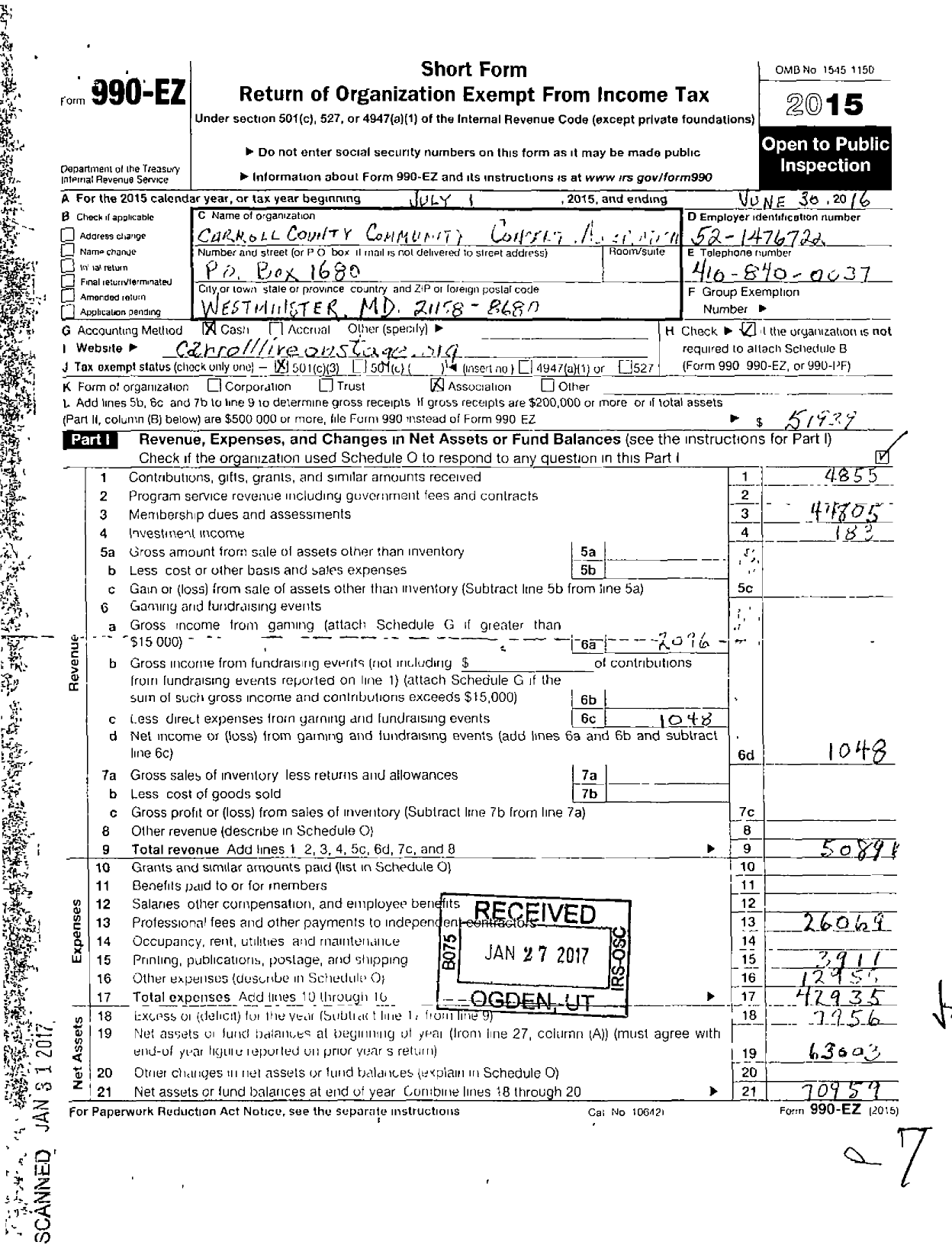 Image of first page of 2015 Form 990EZ for Carroll County Community Concert Association