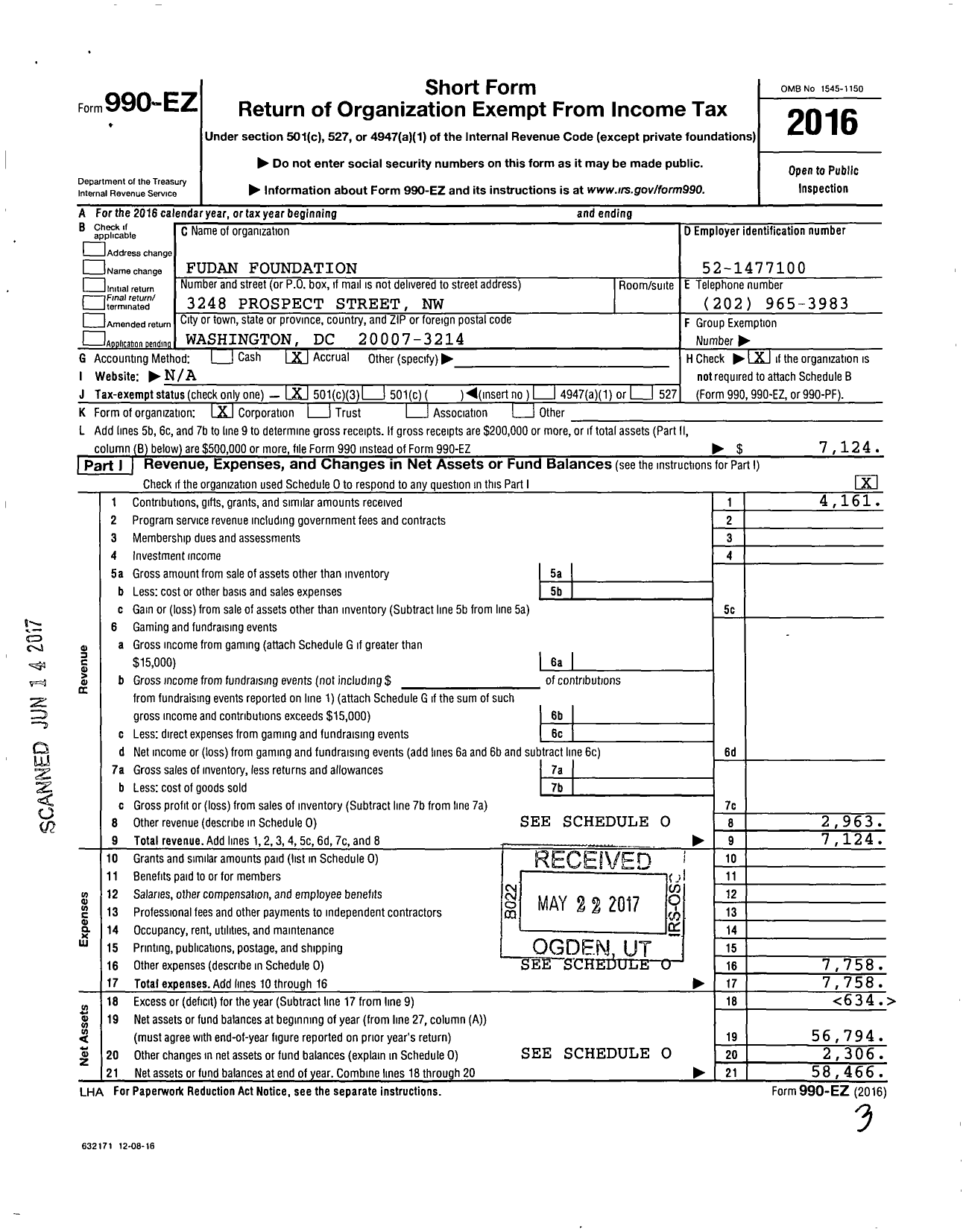 Image of first page of 2016 Form 990EZ for Fudan Foundation