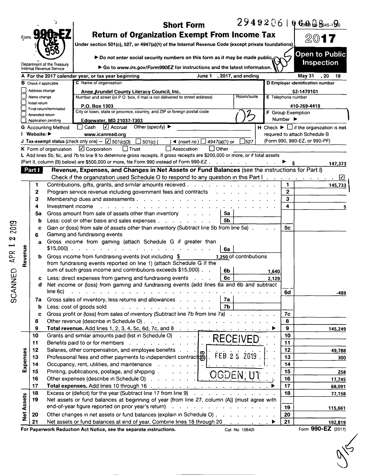 Image of first page of 2017 Form 990EZ for Anne Arundel County Literacy Council