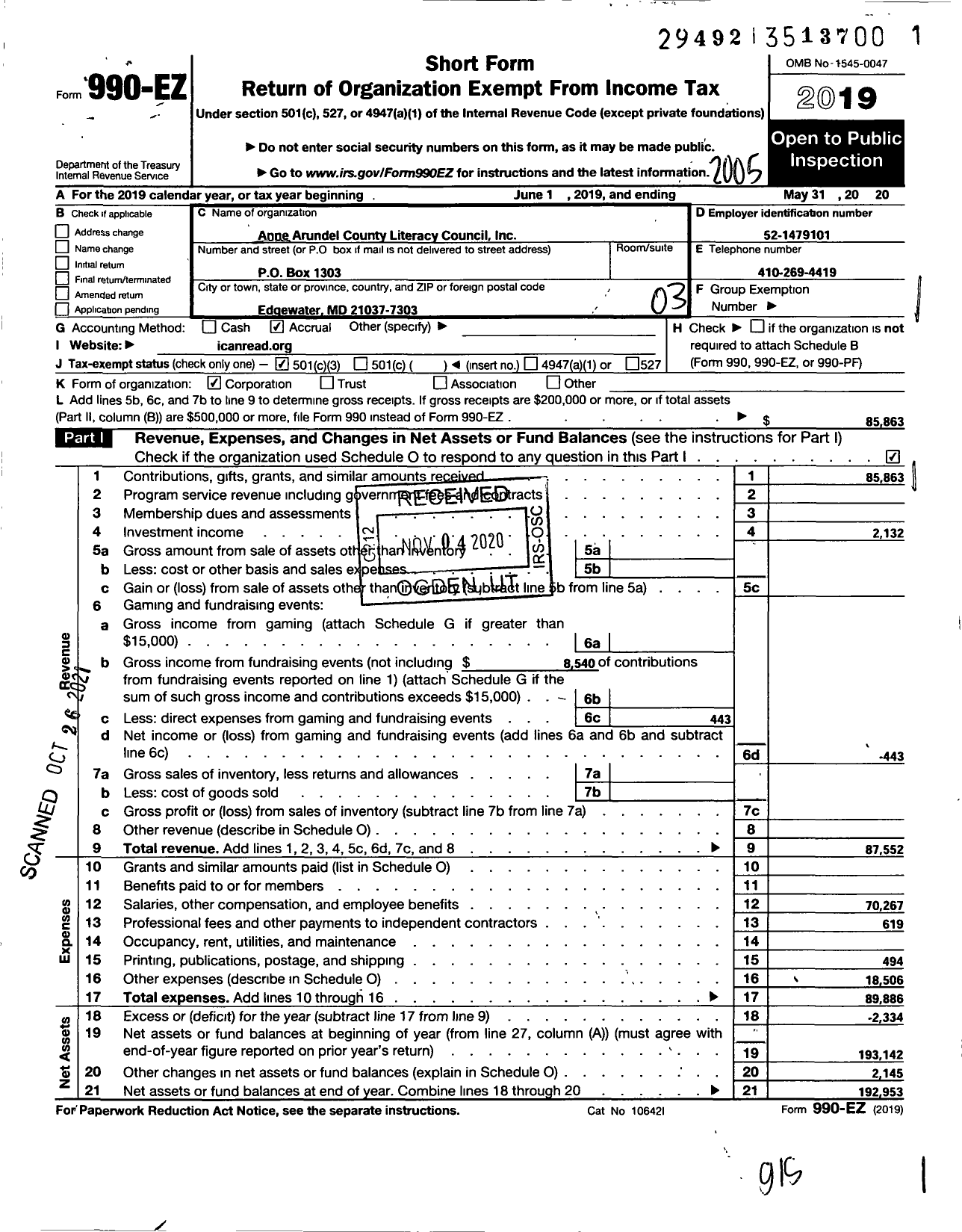 Image of first page of 2019 Form 990EZ for Anne Arundel County Literacy Council