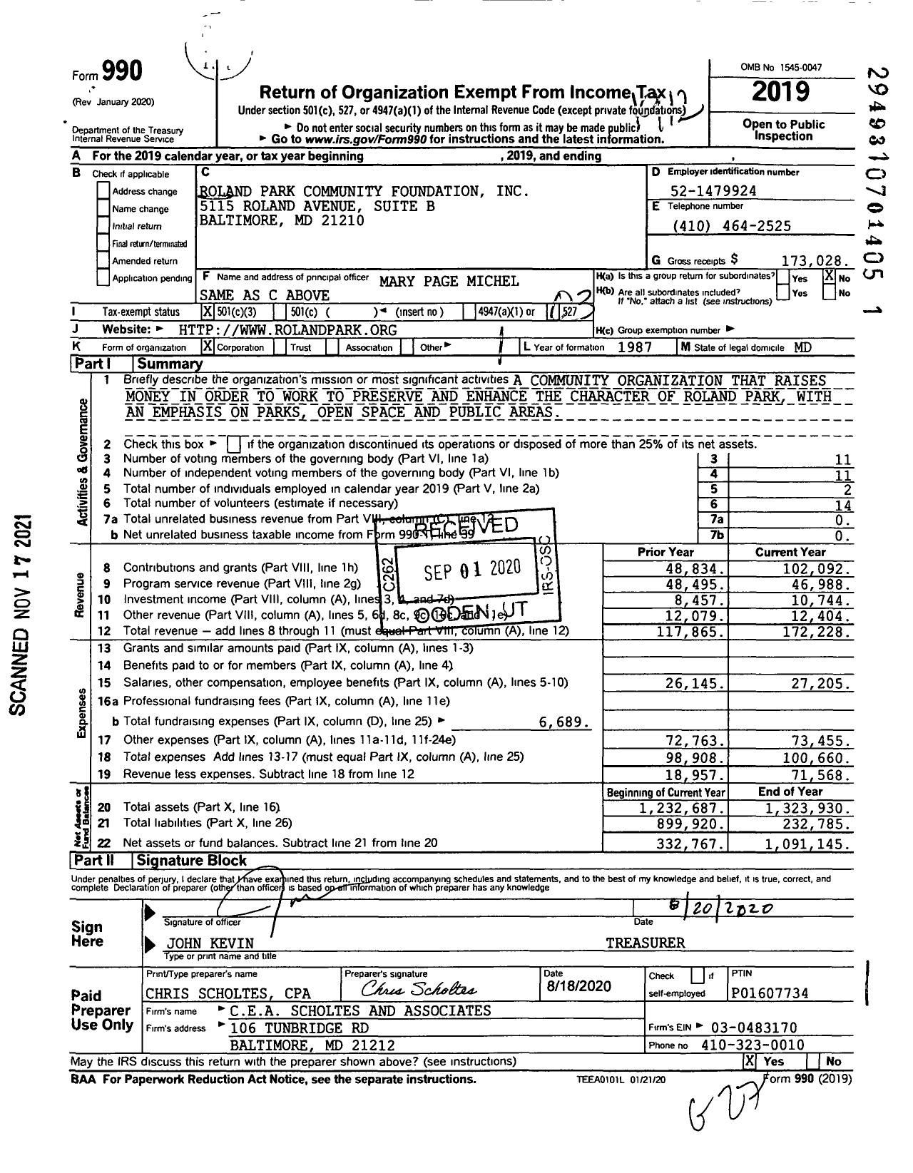 Image of first page of 2019 Form 990 for Roland Park Community Foundation