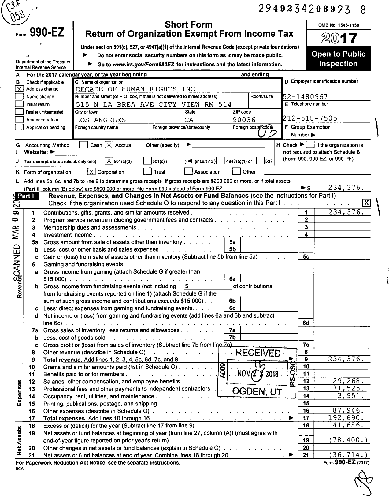 Image of first page of 2017 Form 990EZ for Decade of Human Rights