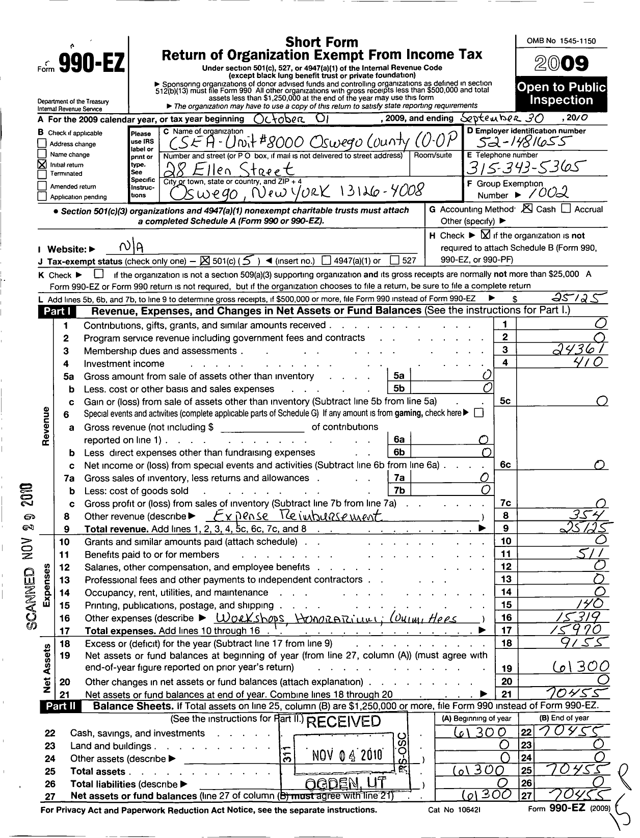 Image of first page of 2009 Form 990EO for Civil Service Employees Association - 0838-800000 Oswego Co Offc Persnl