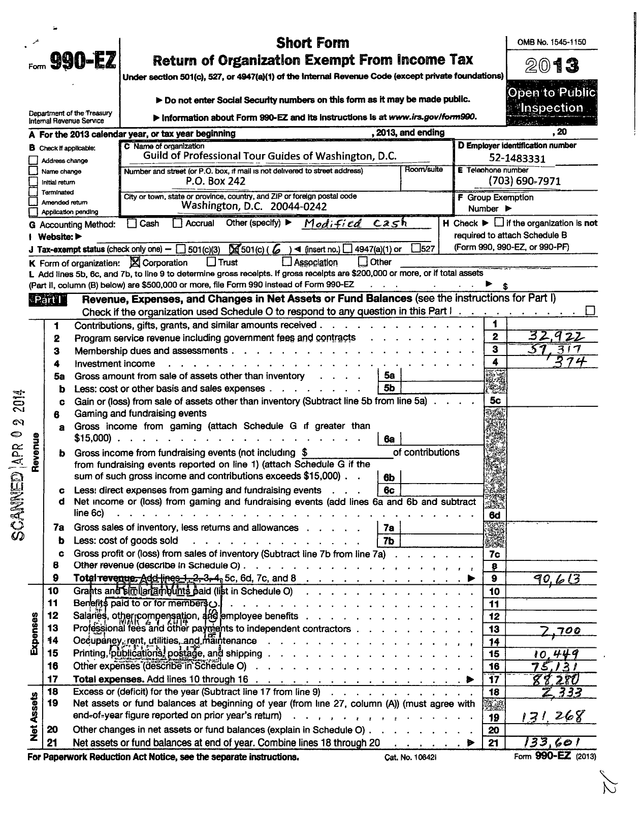 Image of first page of 2013 Form 990EO for Guild of Professional Tour Guides of Washington DC