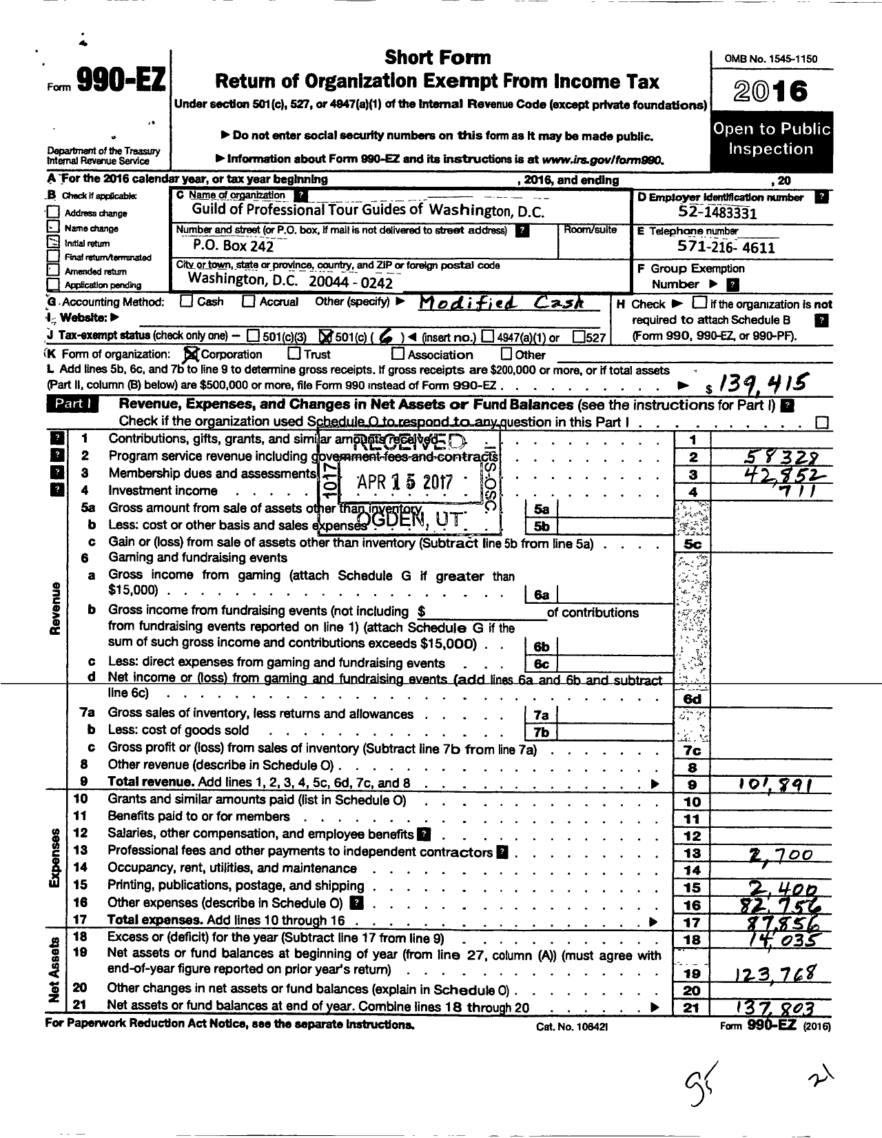 Image of first page of 2016 Form 990EO for Guild of Professional Tour Guides of Washington DC