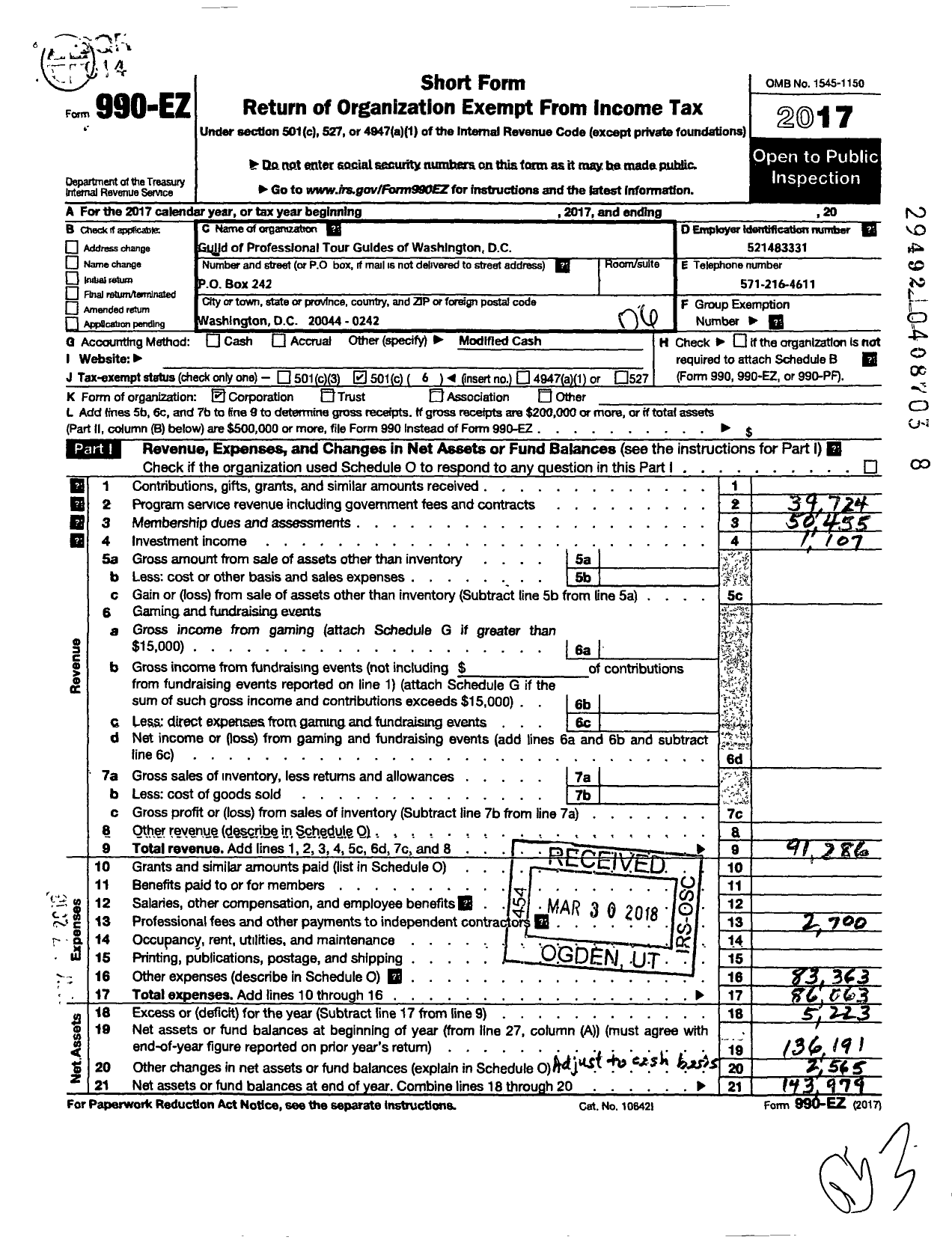 Image of first page of 2017 Form 990EO for Guild of Professional Tour Guides of Washington DC