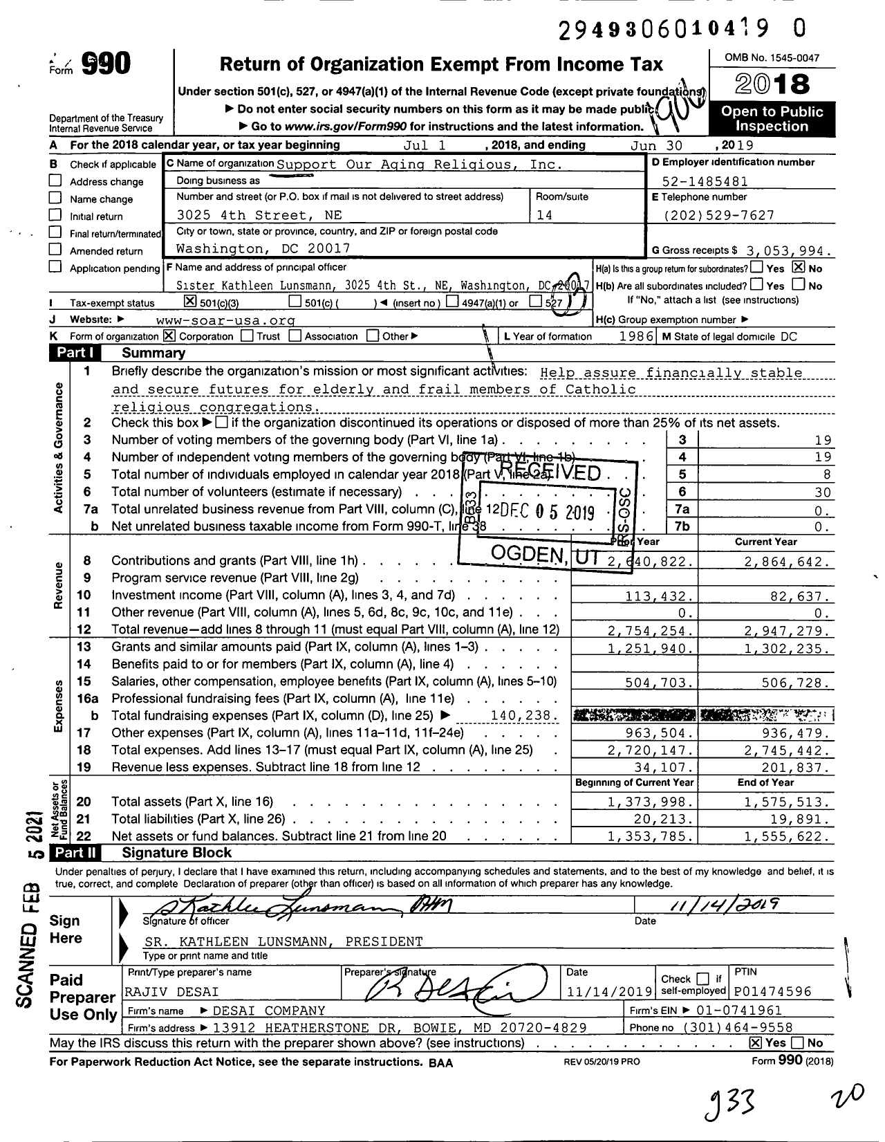 Image of first page of 2018 Form 990 for Support Our Aging Religious (SOAR!)