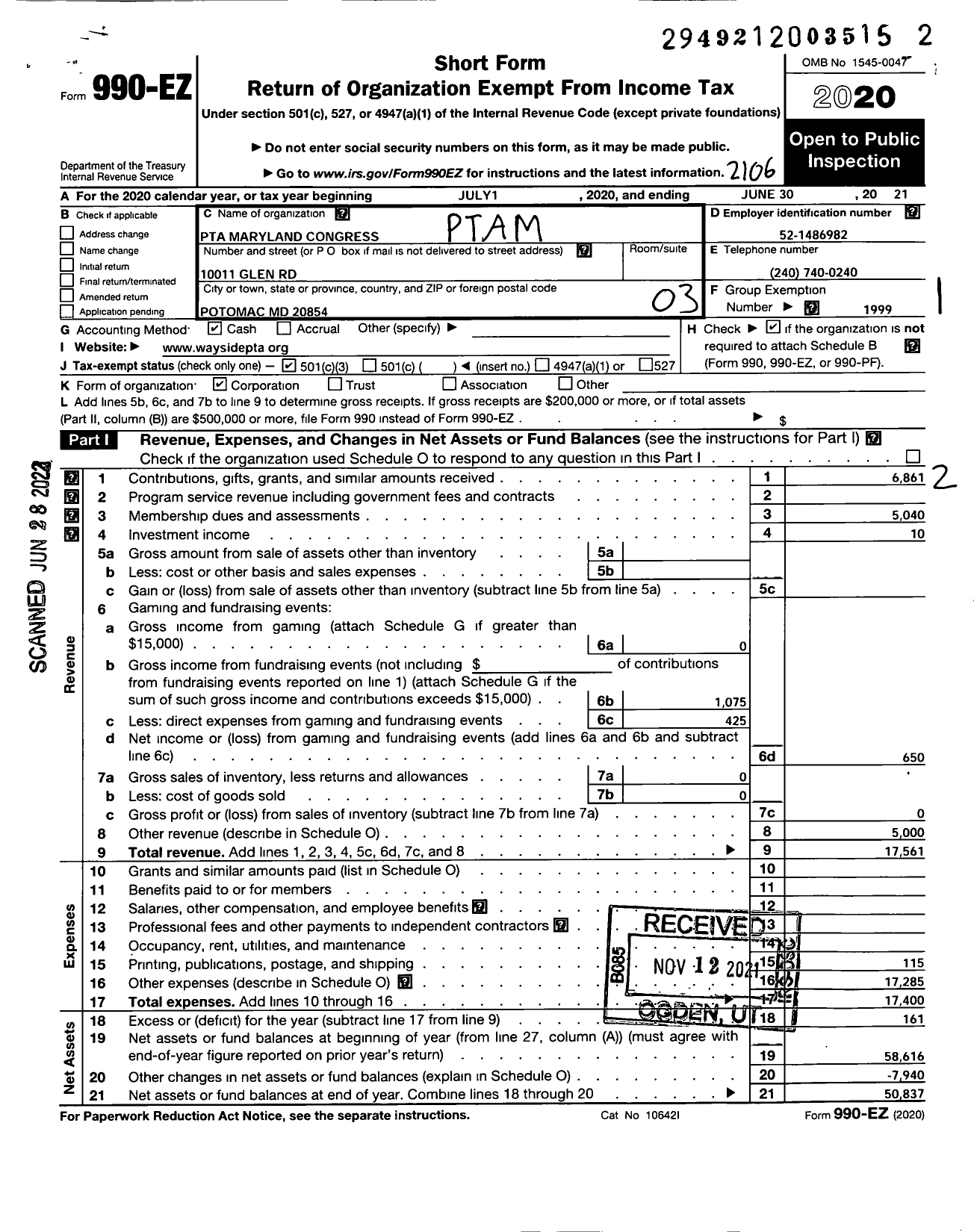 Image of first page of 2020 Form 990EZ for PTA Delaware Congress / Wayside Elementary School PTA