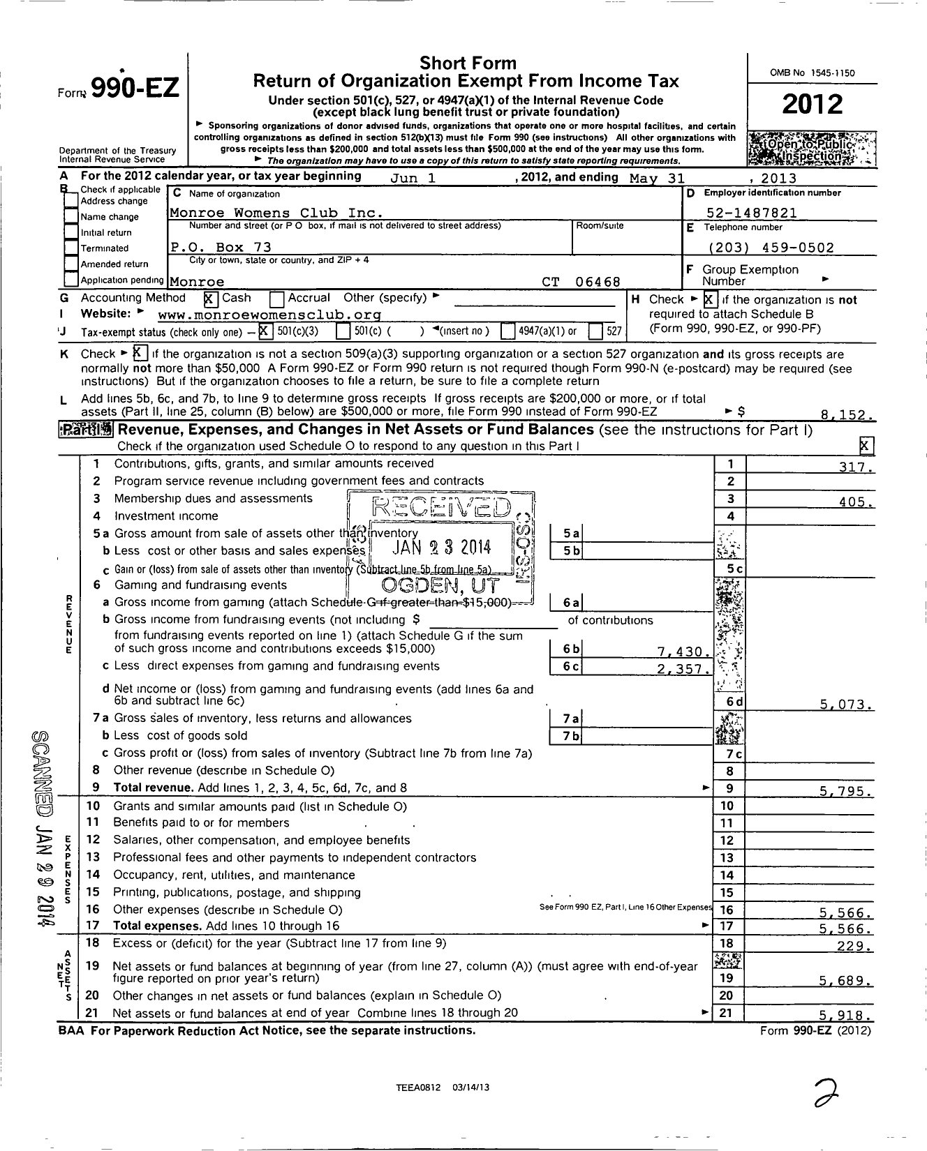 Image of first page of 2012 Form 990EZ for Connecticut Junior Women / Monroe Womens Club Inc