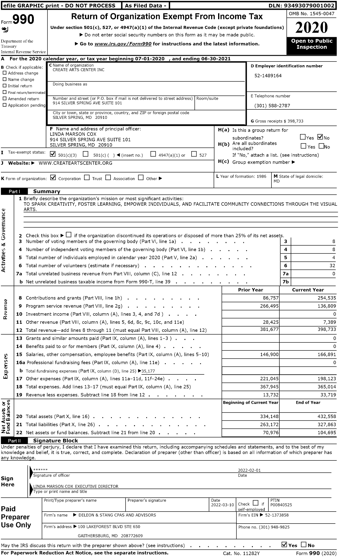 Image of first page of 2020 Form 990 for Create Arts Center