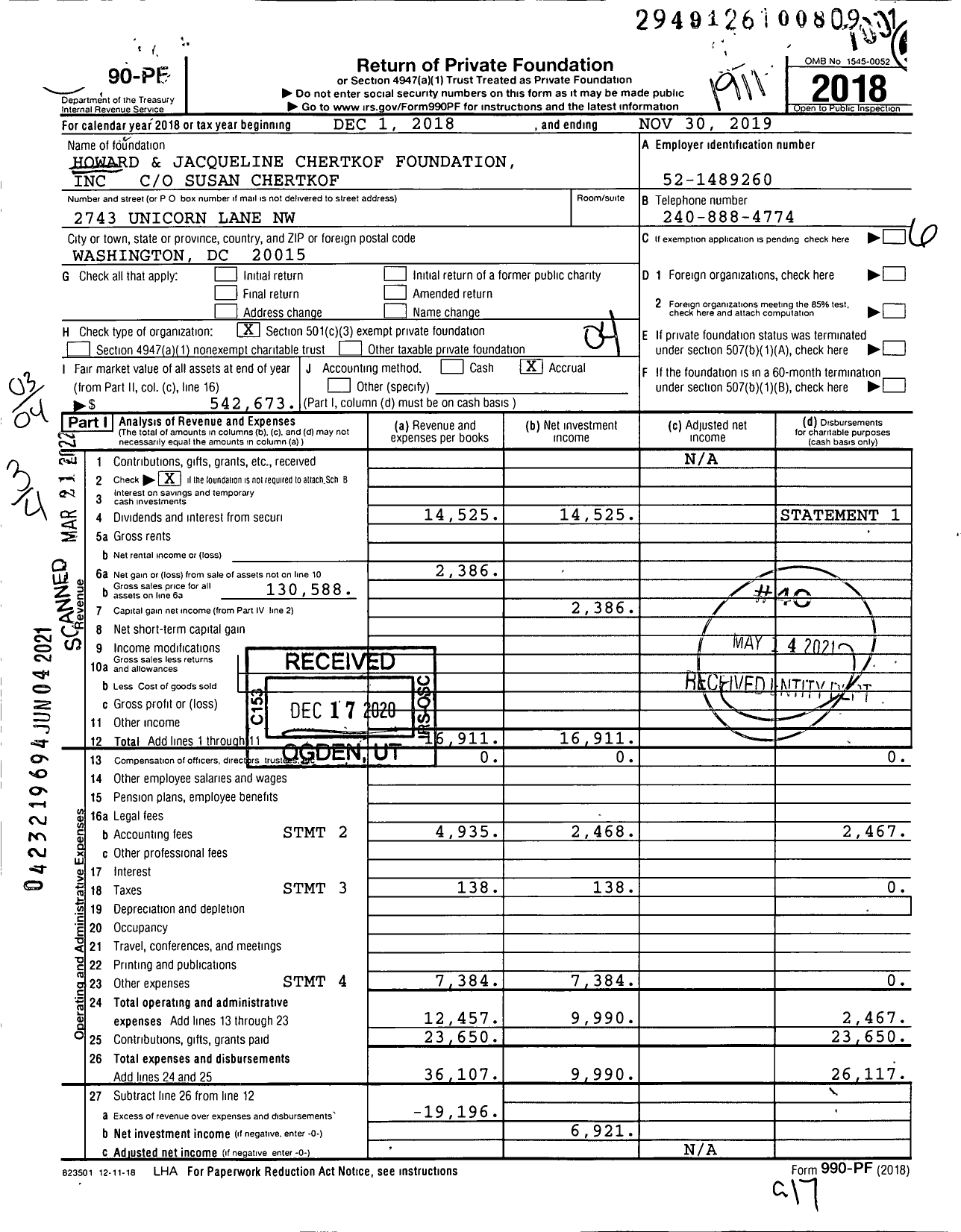 Image of first page of 2018 Form 990PF for Howard and Jacqueline Chertkof Foundation