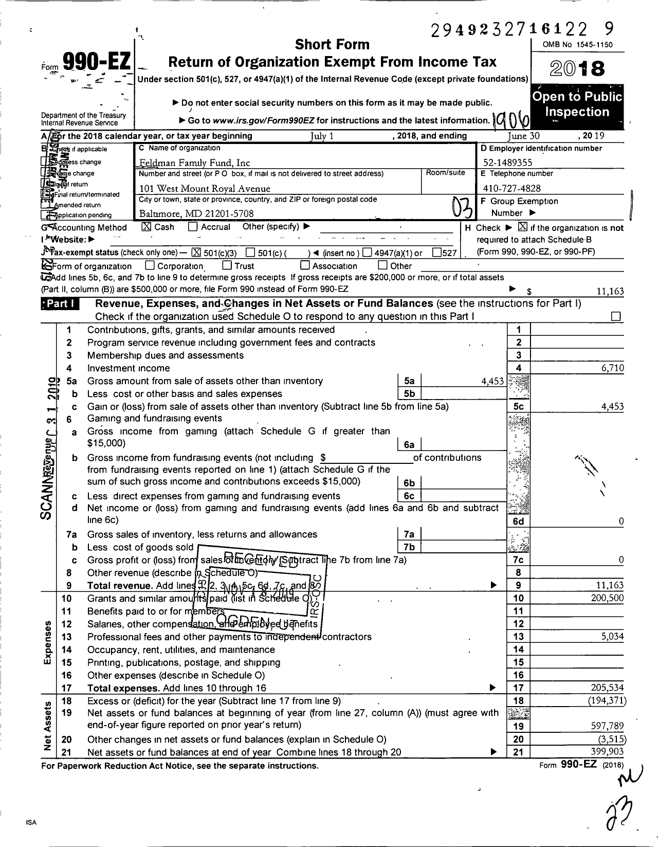 Image of first page of 2018 Form 990EZ for Feldman Family Fund