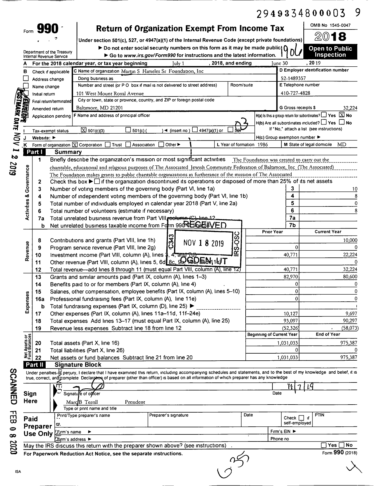 Image of first page of 2018 Form 990 for Martin S Himeles SR Foundation